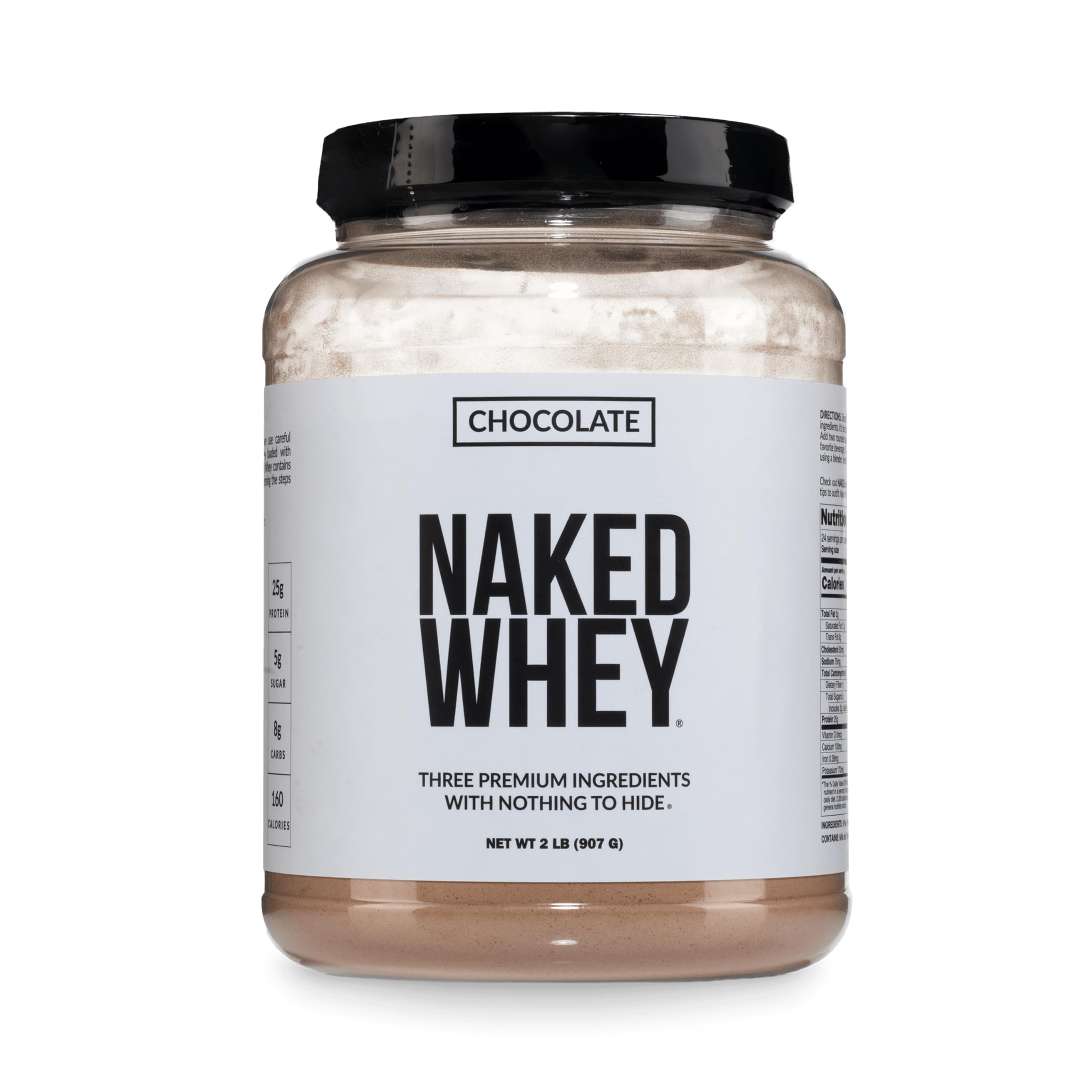 NAKED envase frontal del polvo de whey chocolate mostrando diseño y pureza
