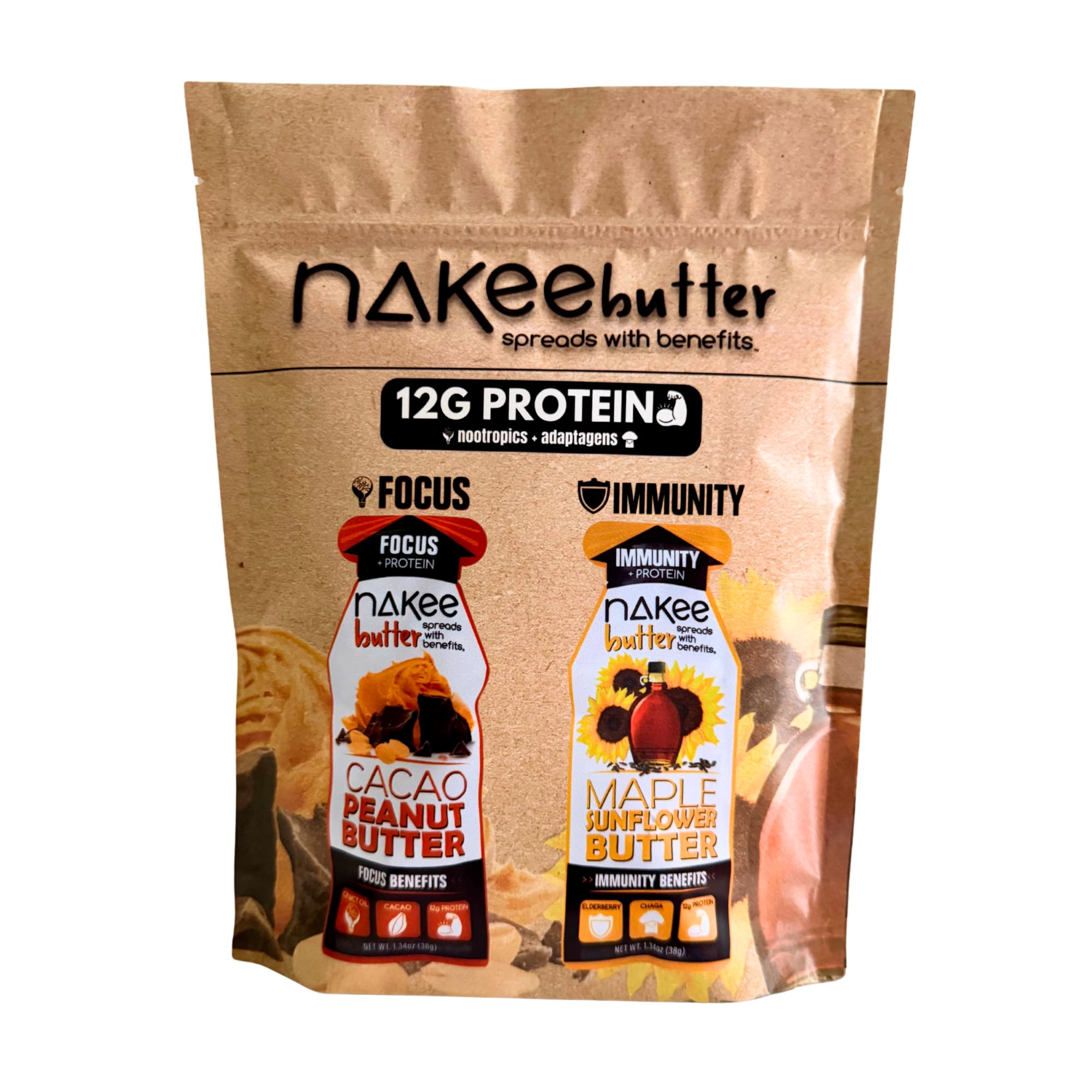 Nakee Butter frente del empaque mostrando variedad y conveniencia