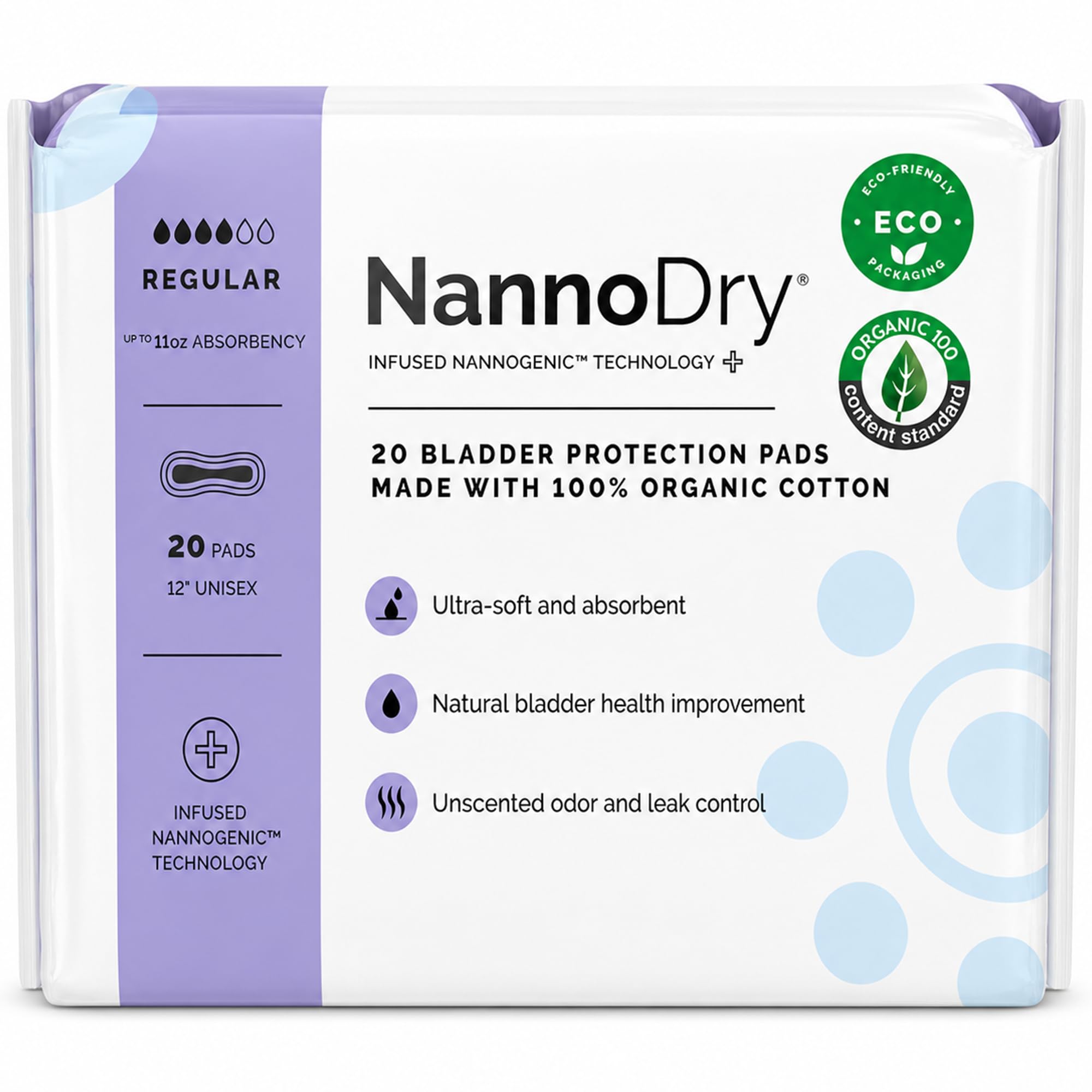NannoDry empaque frontal mostrando 20 unidades y beneficio de discreción