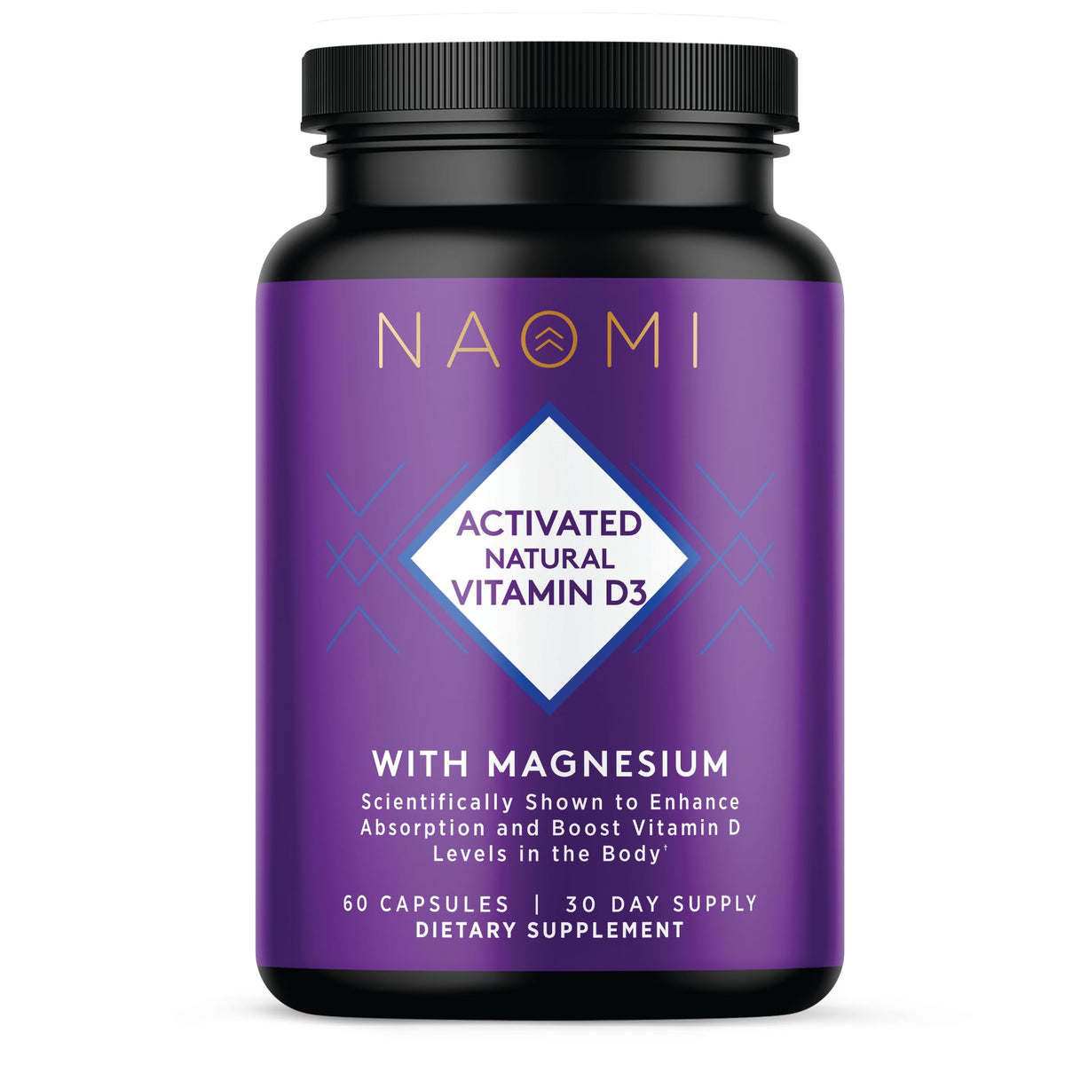 NAOMI frontal del envase mostrando vitamina D3 y magnesio, aporta confianza