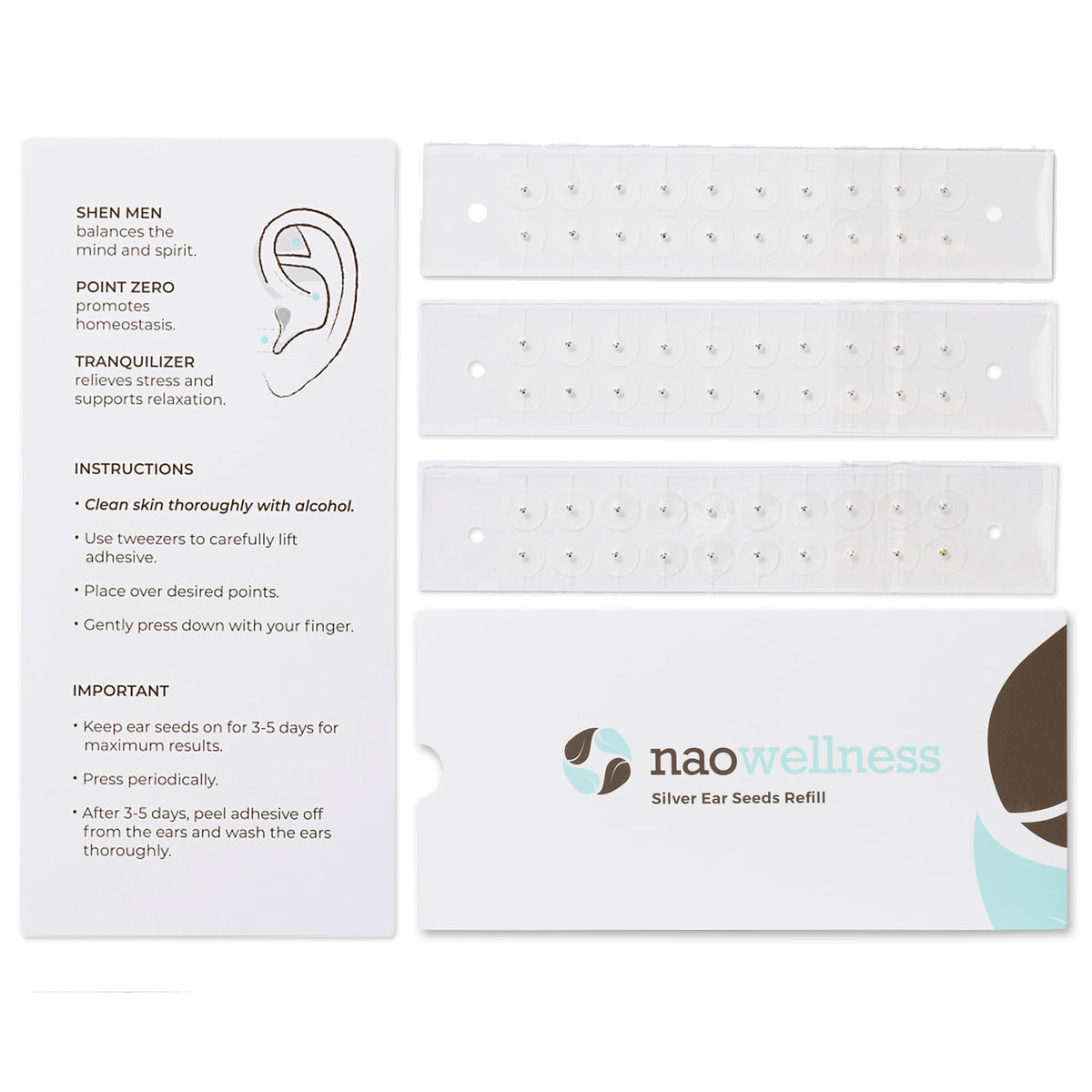 NAO Wellness empaque frontal con 60 semillas auriculares, presentación clara