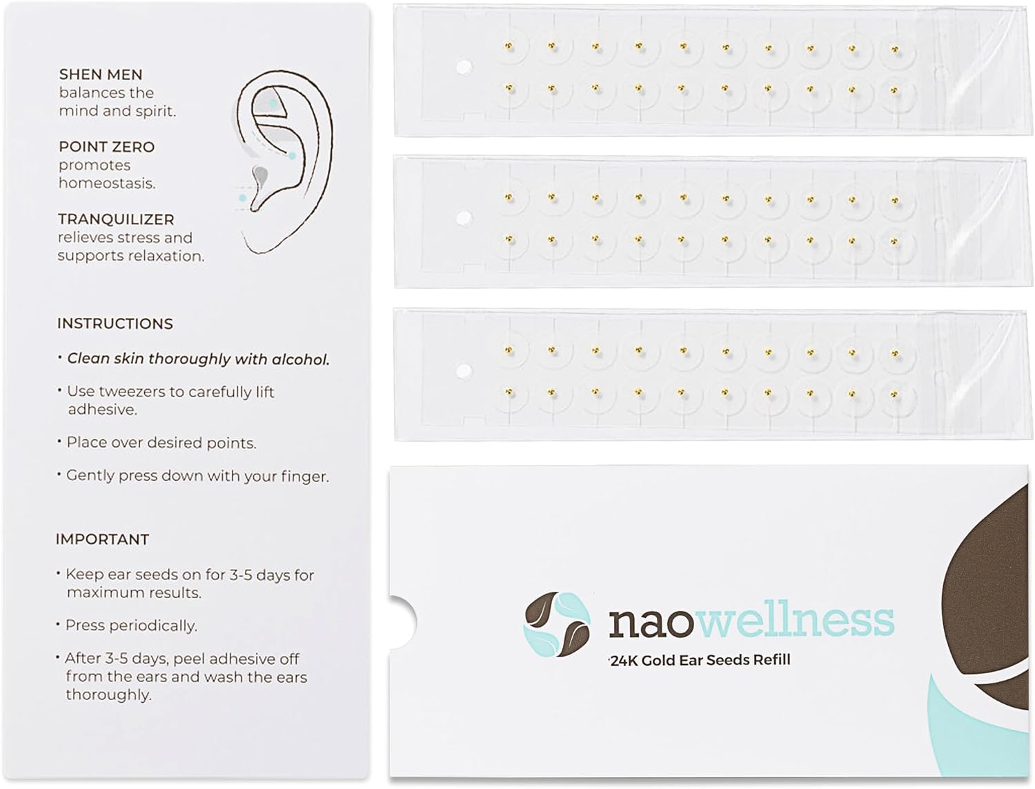NAOWellness paquete frontal con 60 semillas auriculares, fácil identificación y almacenamiento
