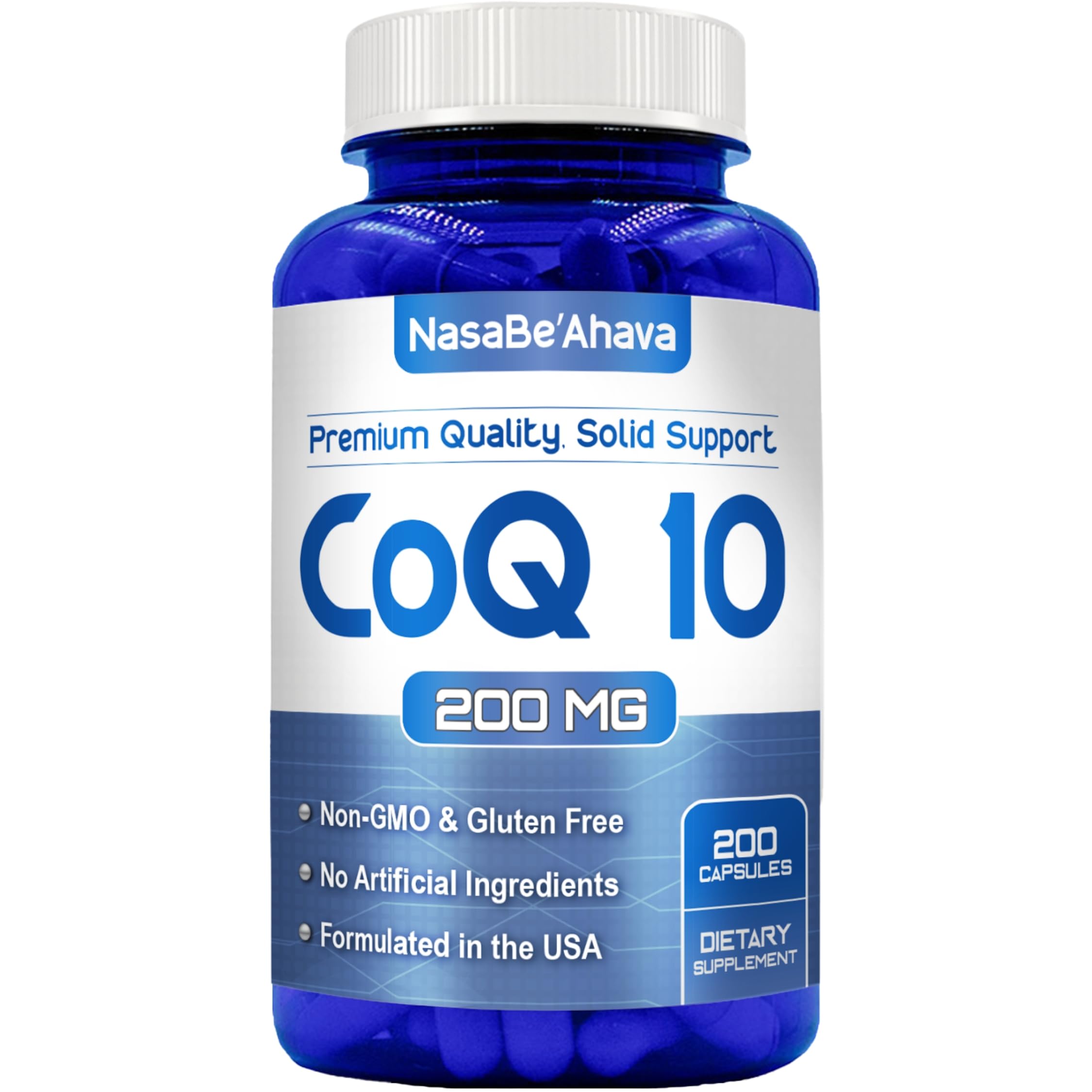 NasaBeahava frasco frontal mostrando CoQ10 200mg, presentación confiable