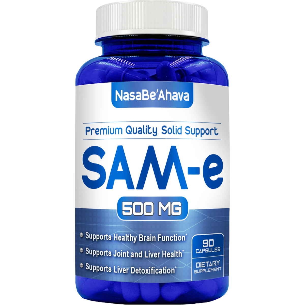 NasaBeahava frasco frontal mostrando SAM-E 500 mg y claridad de fórmula