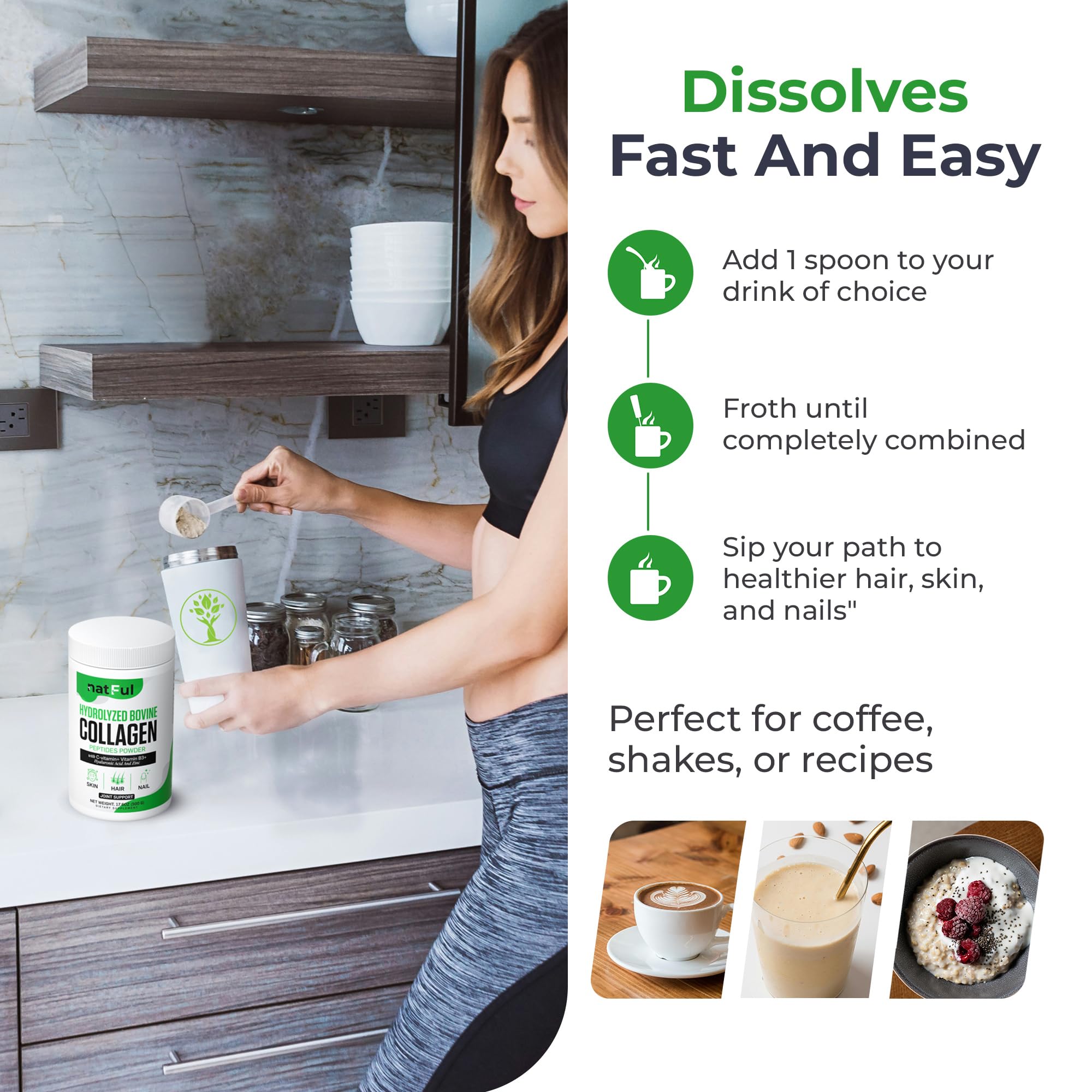 Vaso con batido y NATFUL colágeno para uso rápido y beneficios diarios