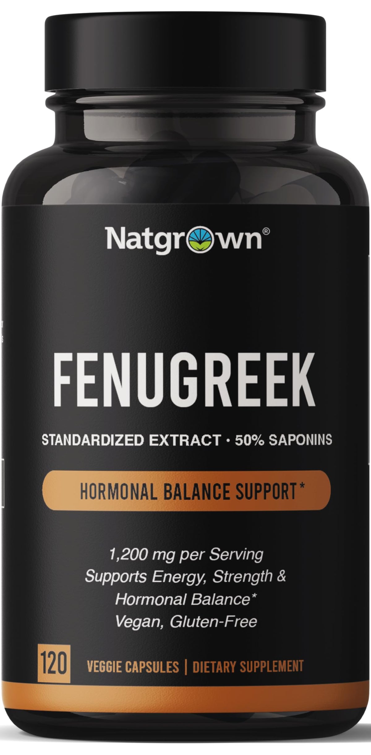 Natgrown frasco frontal mostrando fenogreco y 120 cápsulas, claridad de información