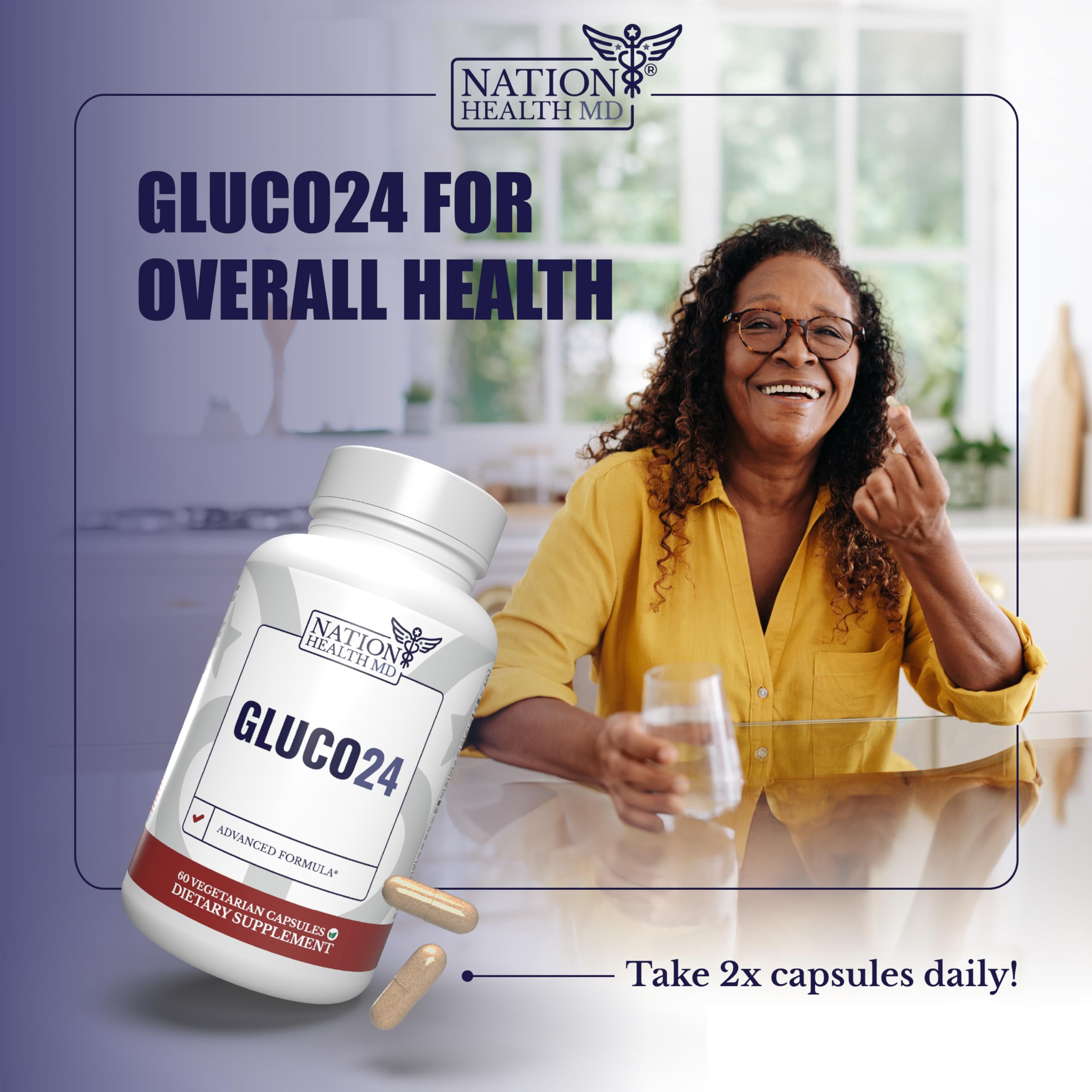 NATION HEALTH MD Gluco24 junto a moneda para comparar tamaño y porción