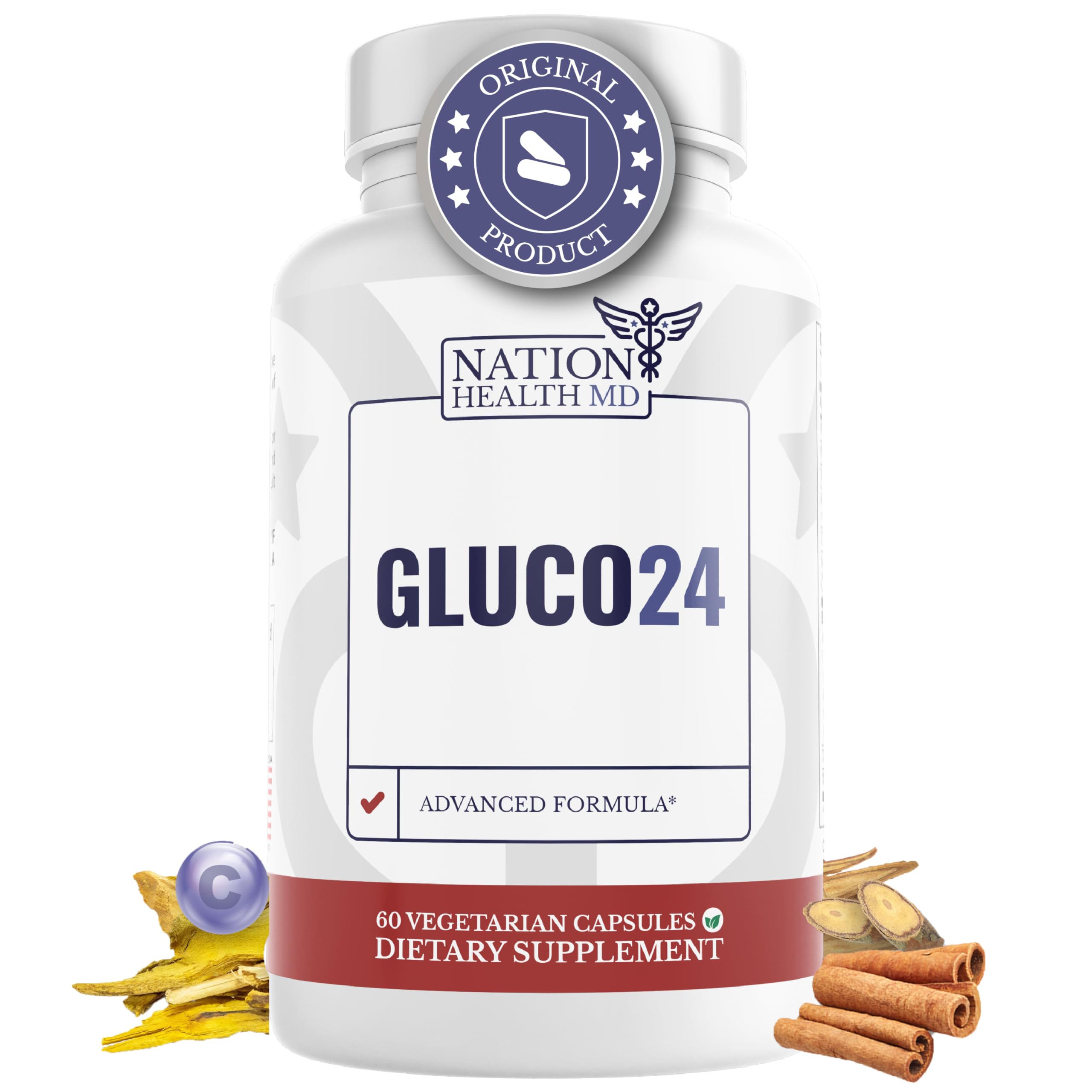 NATION HEALTH MD frasco Gluco24 mostrando el empaque y claridad del producto