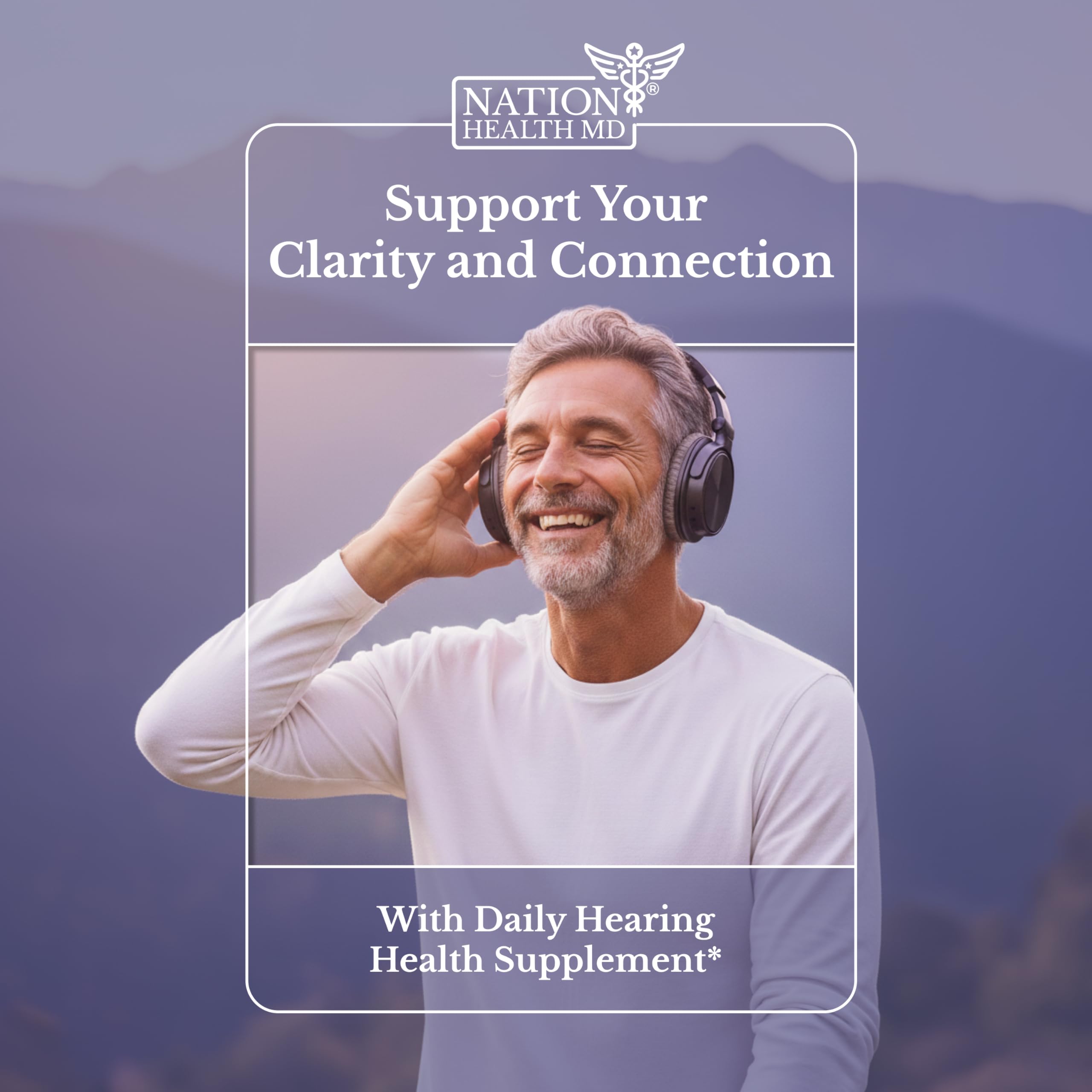 NATION HEALTH MD producto en mesa junto a auriculares, estilo de vida auditivo