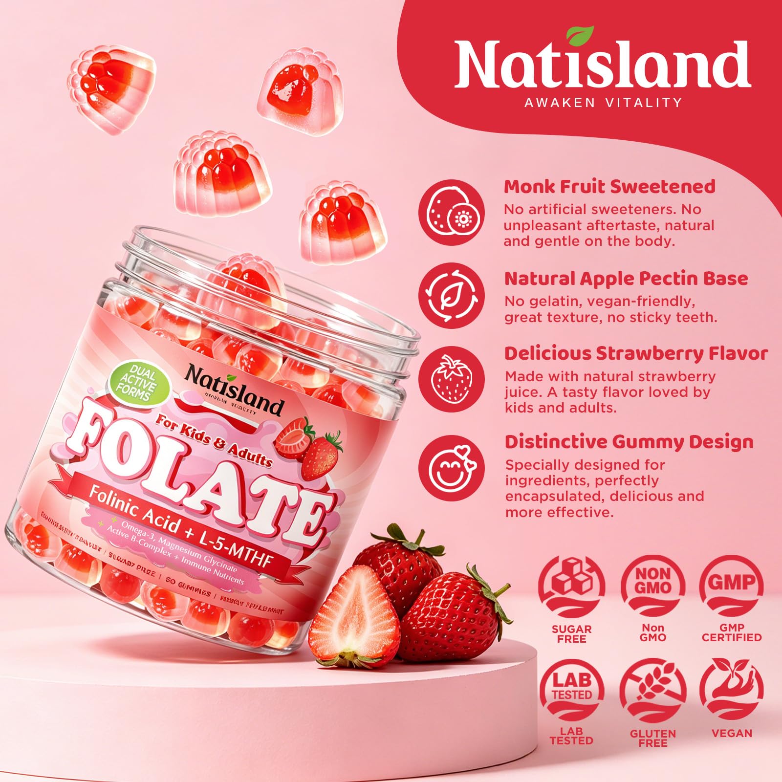 NATISLAND frasco sobre encimera de cocina con frutas, estilo de vida saludable y uso cotidiano