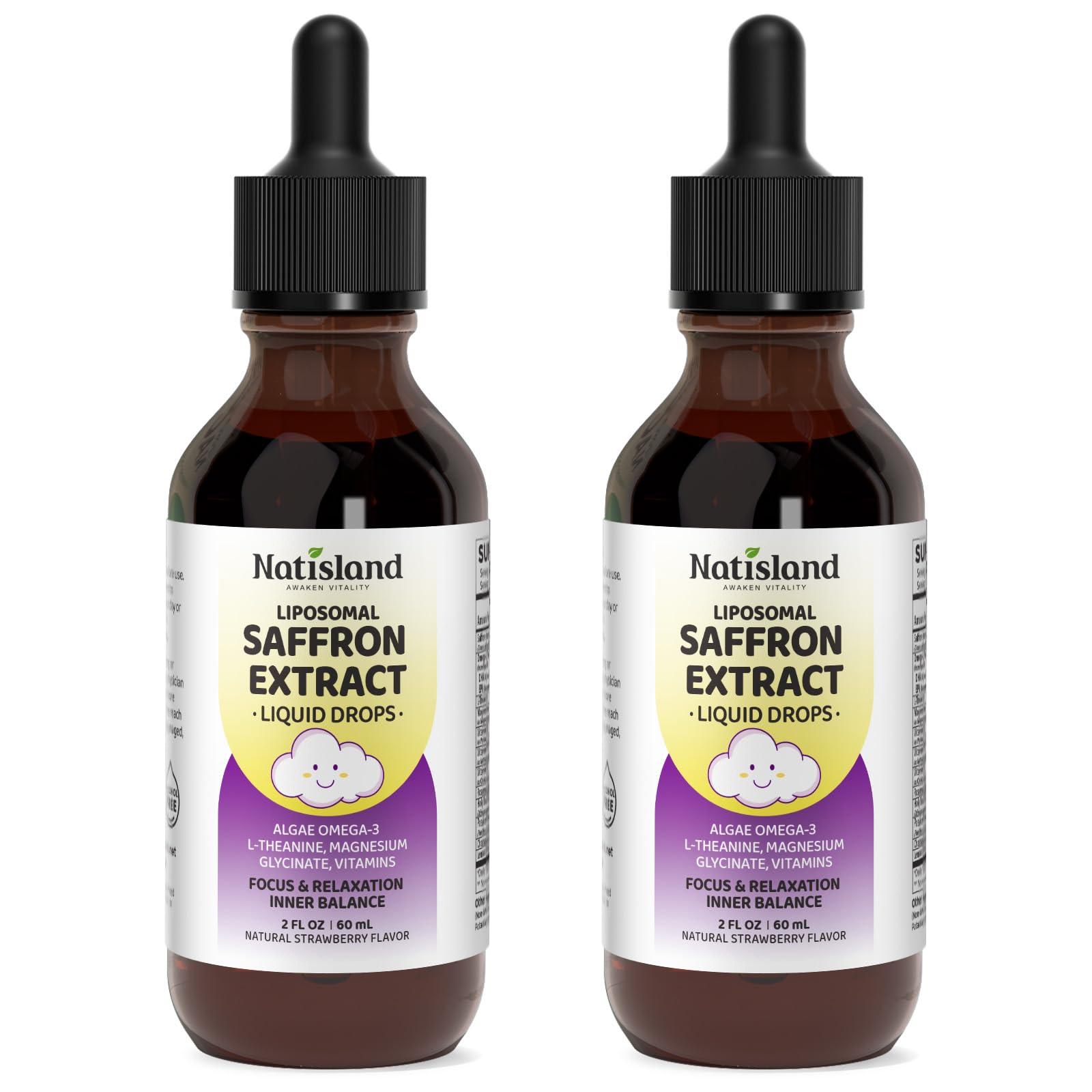 NATISLAND frasco frontal de Liposomal Saffron Drops mostrando etiqueta clara y beneficios