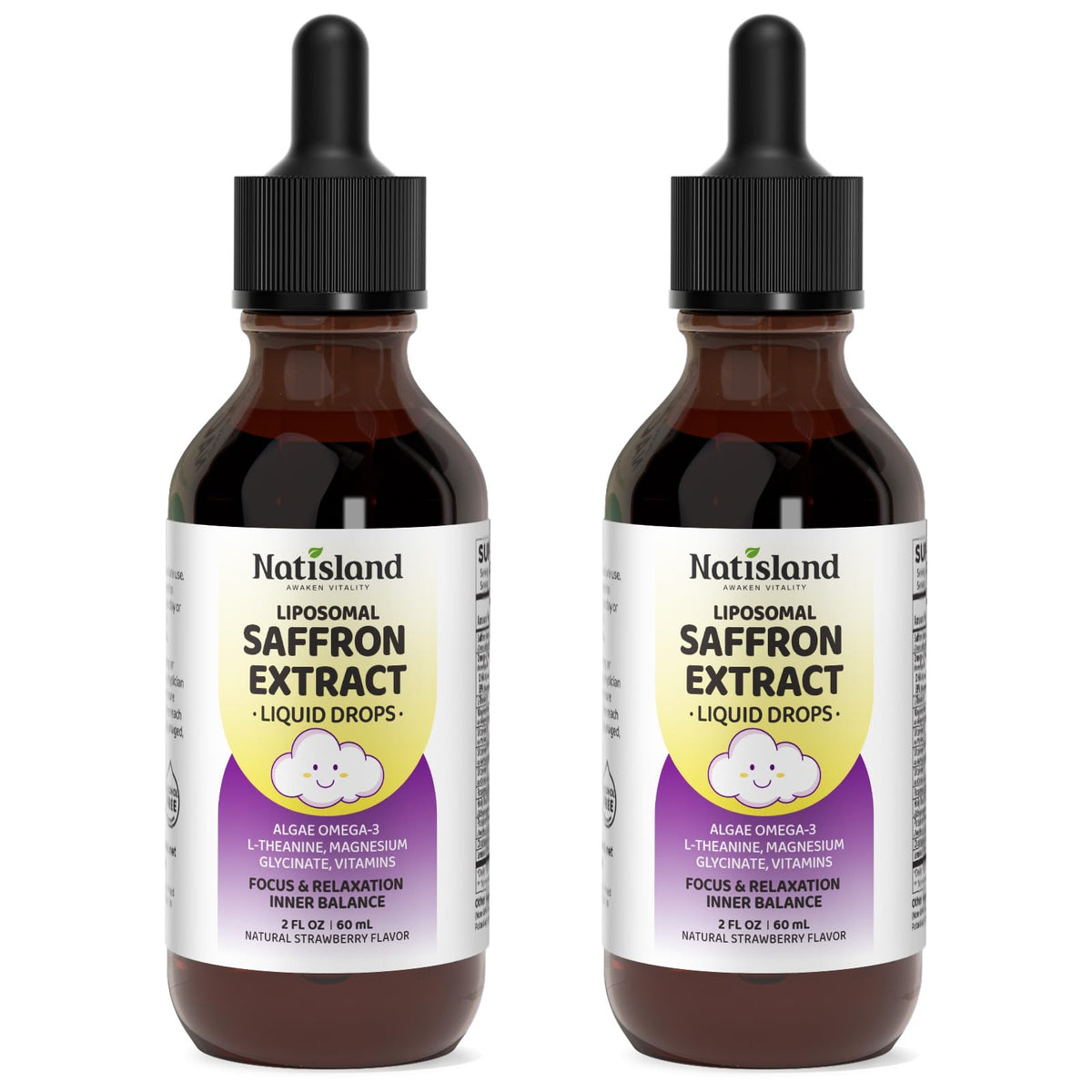 NATISLAND frasco frontal de Liposomal Saffron Drops mostrando etiqueta clara y beneficios