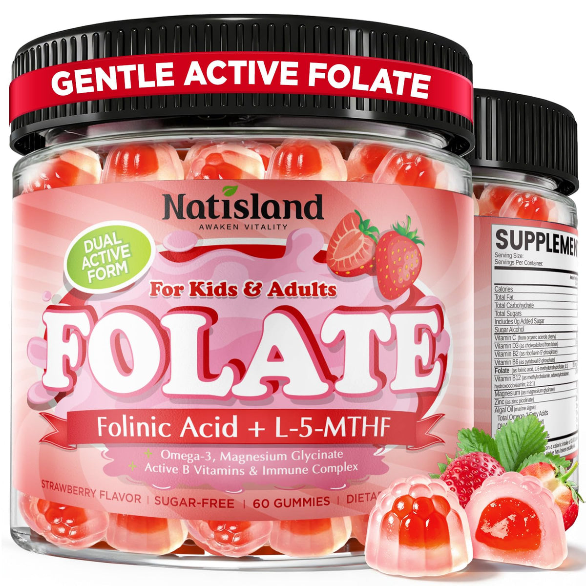 NATISLAND frasco frontal mostrando diseño y cantidad 60 gomitas, ideal para rutina familiar