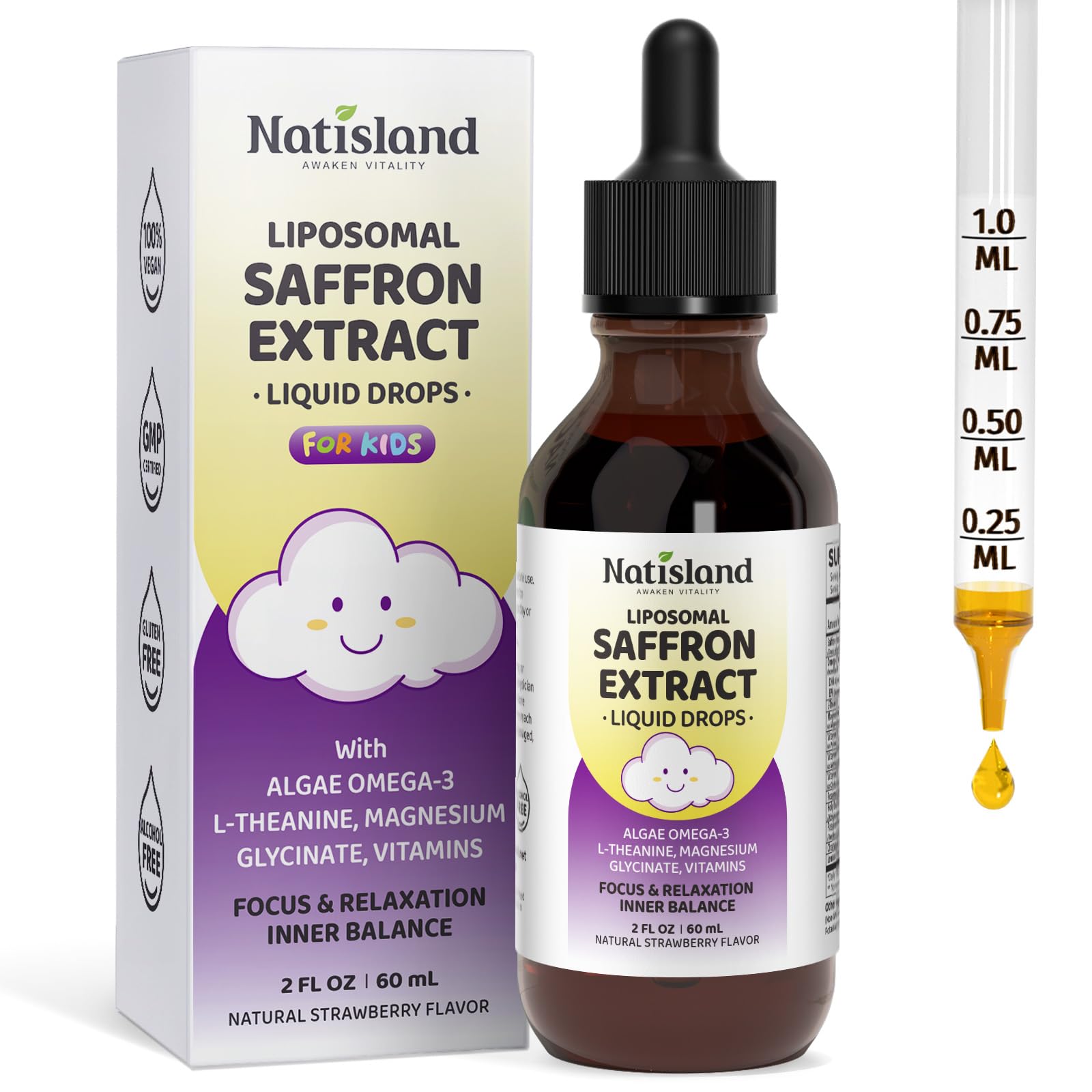 NATISLAND botella frontal de azafrán para niños mostrando presentación y beneficio de fácil toma