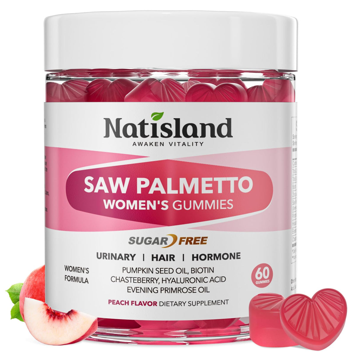NATISLAND envase frontal de gominolas veganas para cabello y equilibrio hormonal