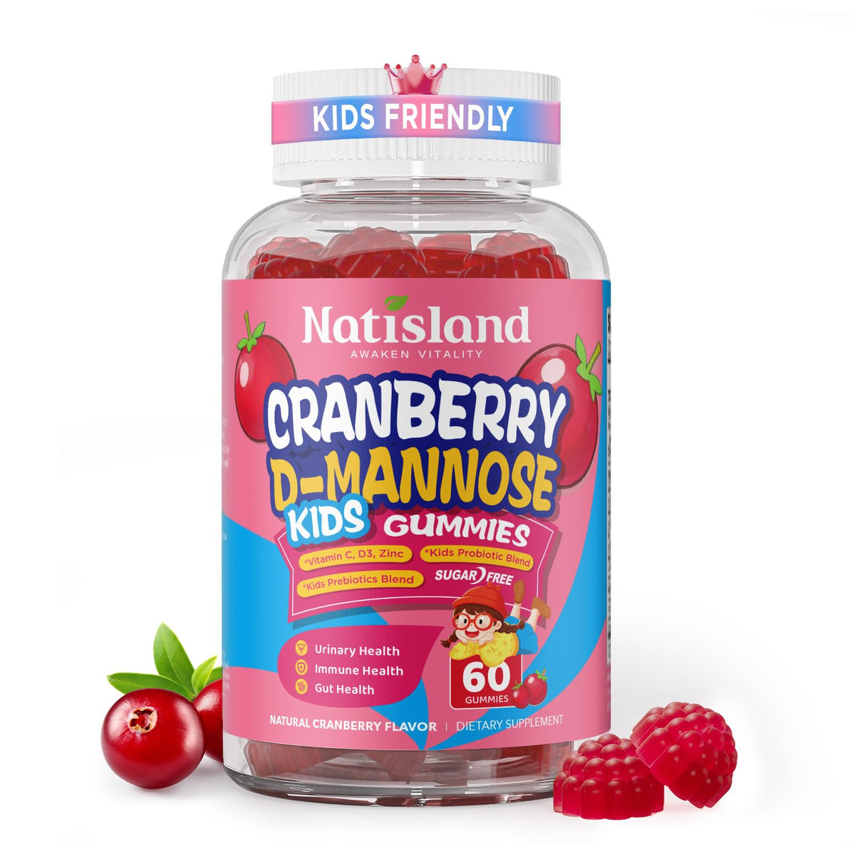 NATISLAND envase frontal mostrando 60 gomitas, conveniencia diaria