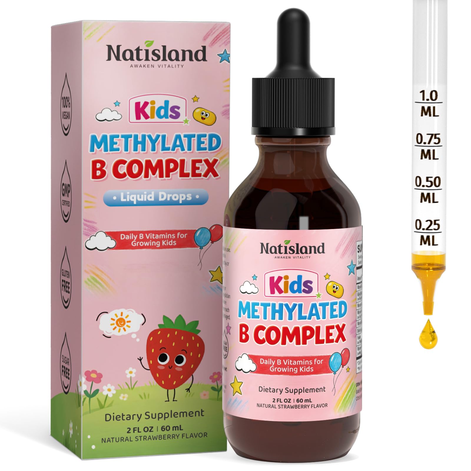 NATISLAND envase frontal de gotas B complex infantil con sabor fresa, fácil administración