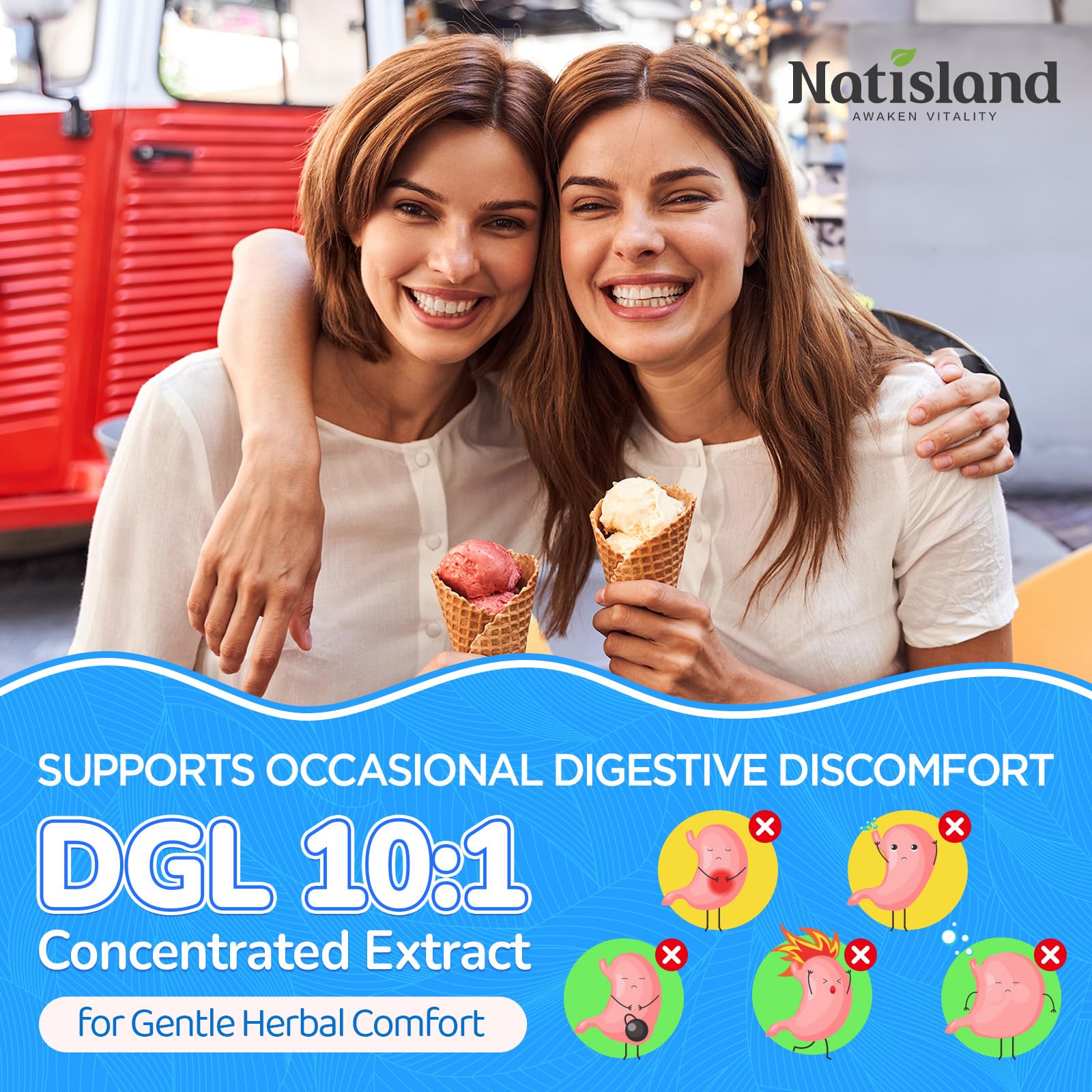 NATISLAND primer plano de ingredientes DGL y zinc carnosina, apoyo digestivo