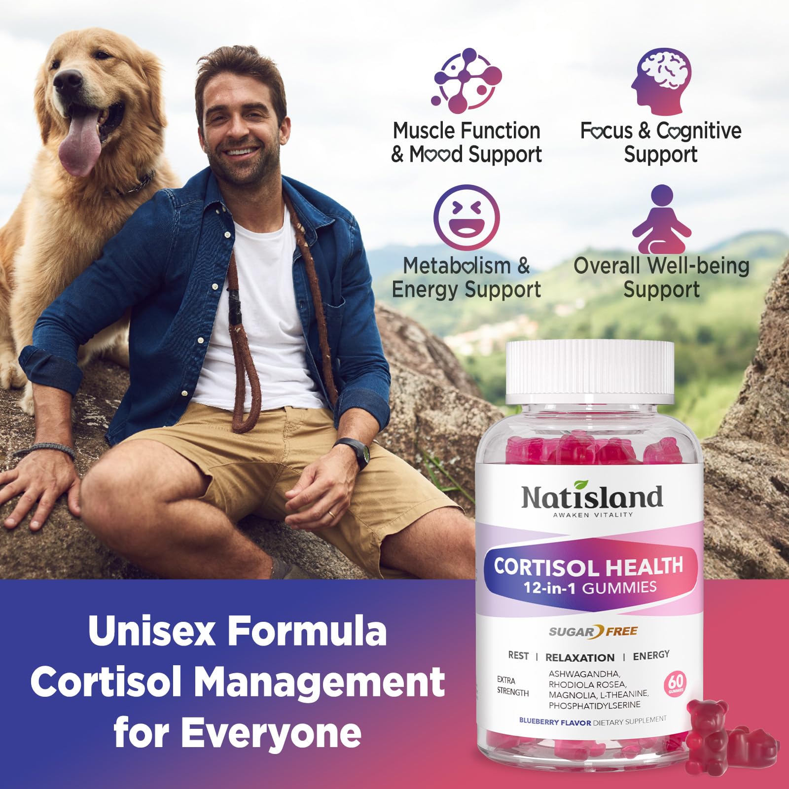 NATISLAND ingredientes activos dispuestos: ashwagandha, rhodiola y magnesio visibles