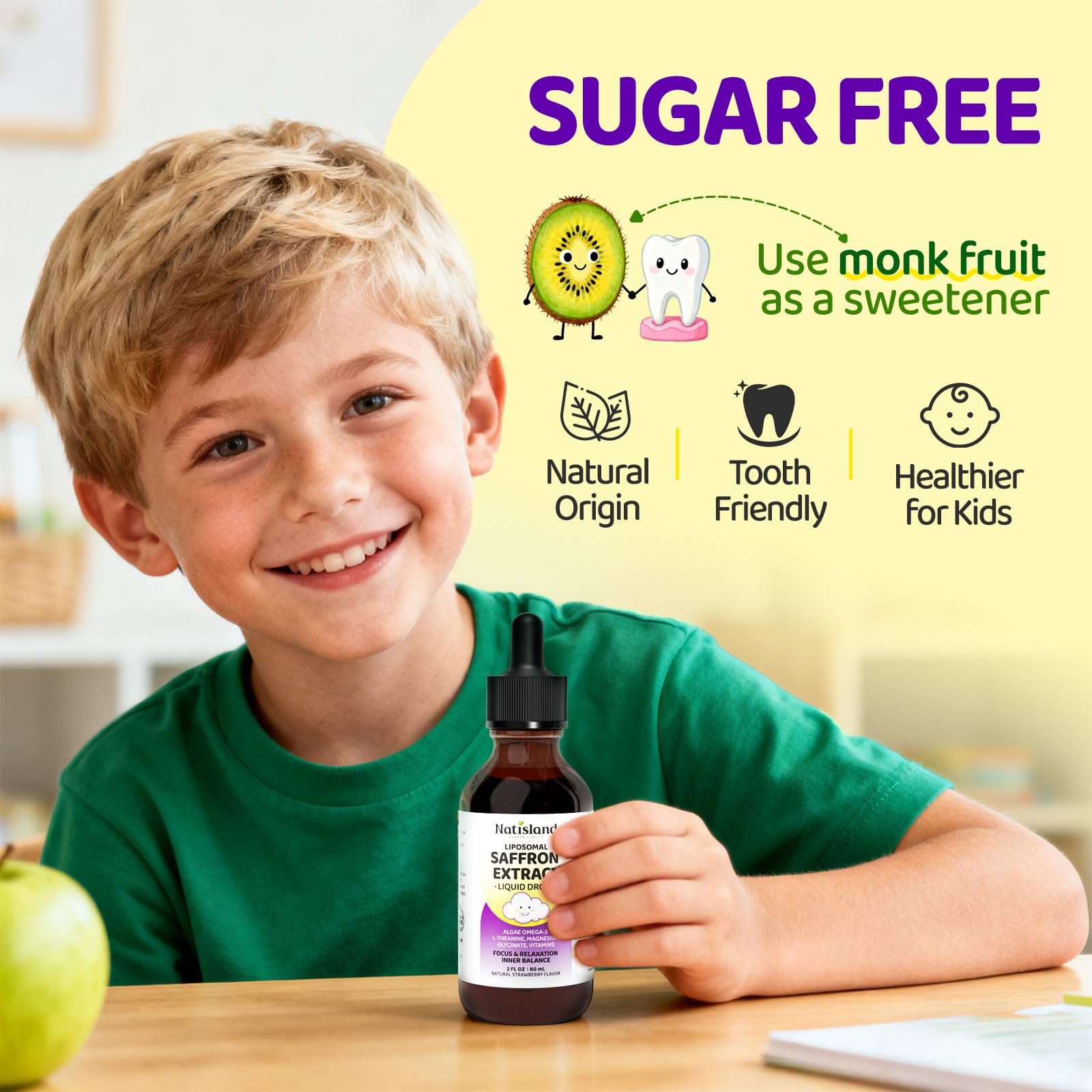 Niños tomando NATISLAND Liposomal Saffron Drops en ambiente cotidiano y escolar