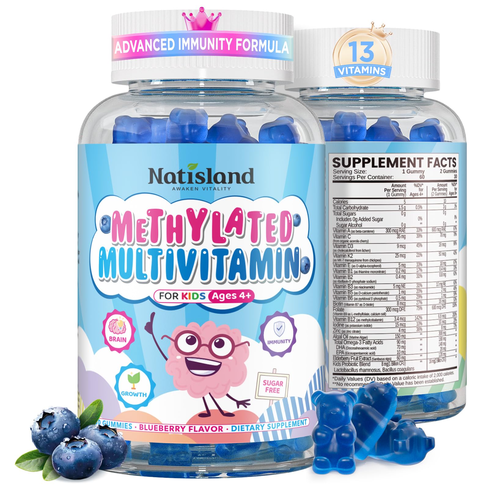 NATISLAND botella frontal mostrando multivitaminas para niños, facilita elección segura