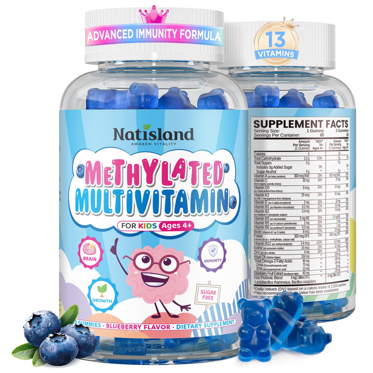 NATISLAND botella frontal mostrando multivitaminas para niños, facilita elección segura