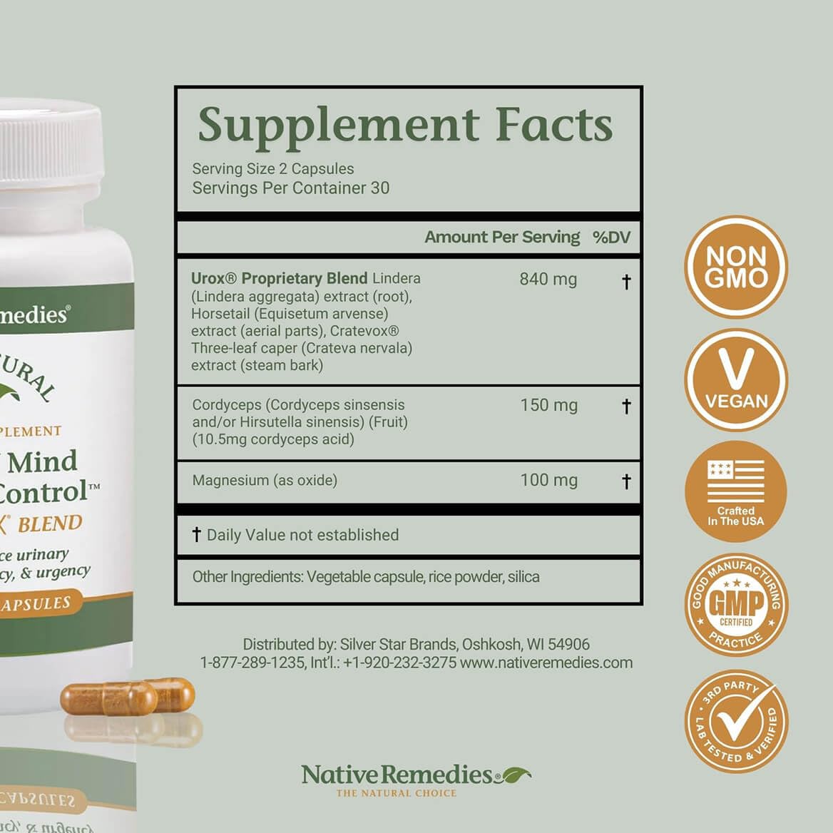 Native Remedies etiqueta de ingredientes resaltando Urox y magnesio