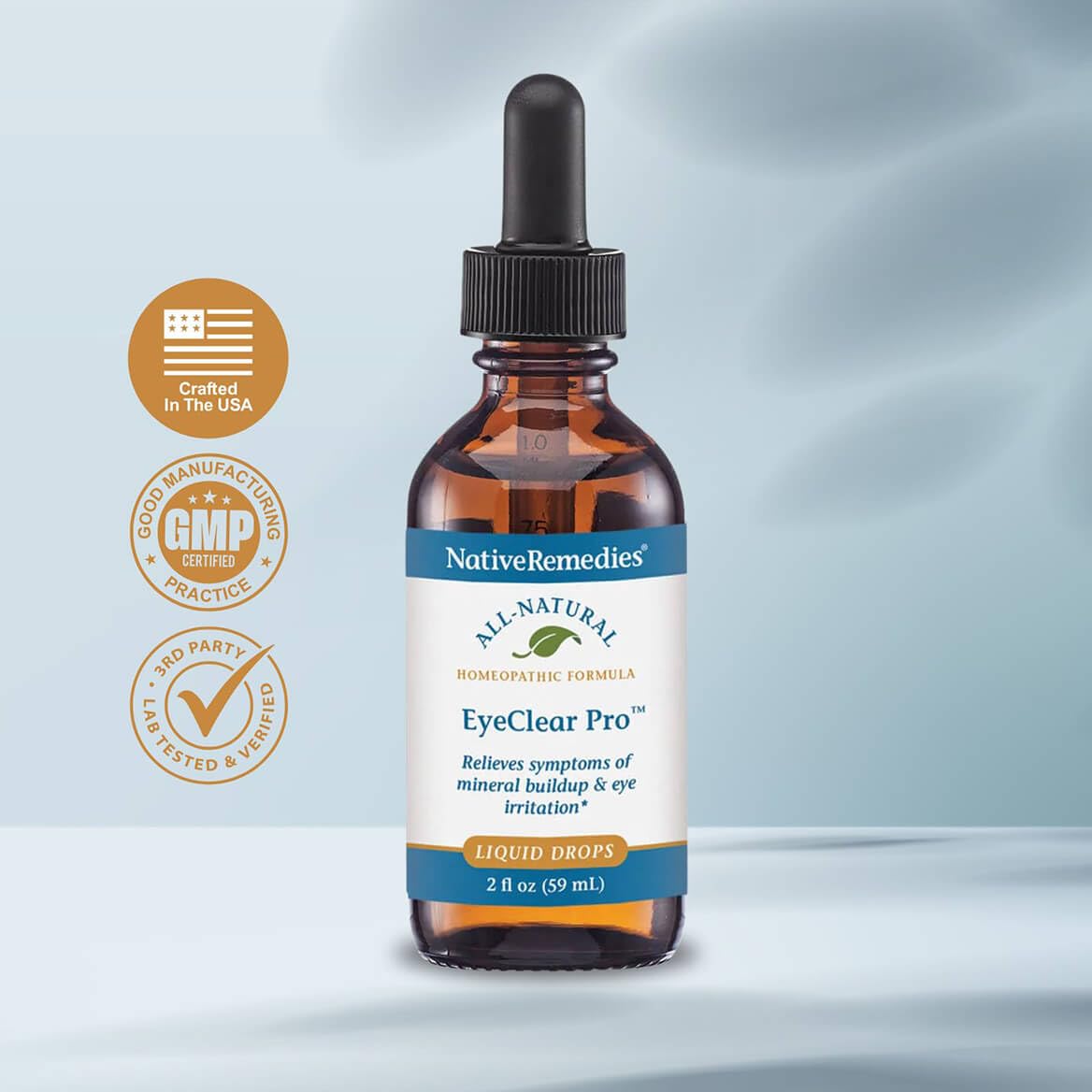 Native Remedies EyeClear Pro cuentagotas en detalle, facilita dosificación precisa y cómoda