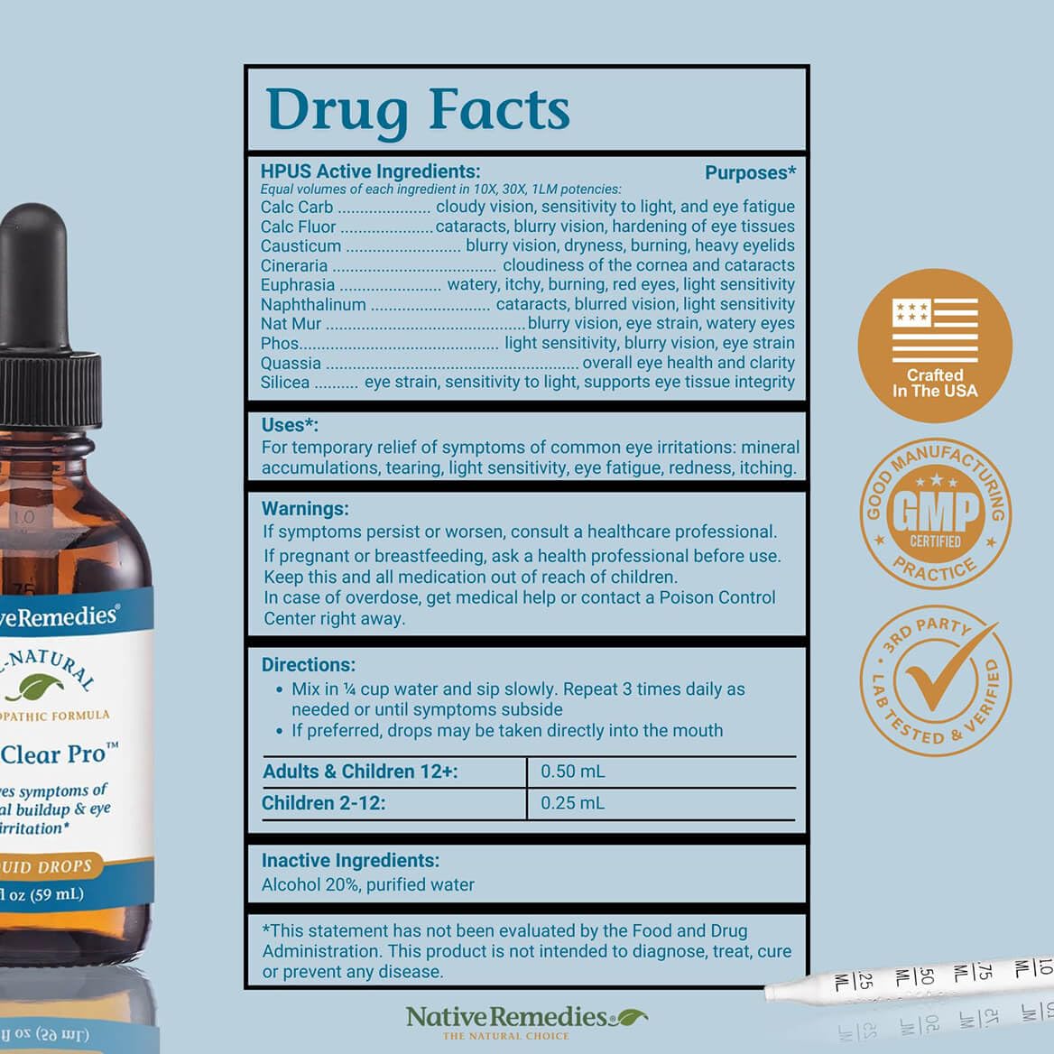 Native Remedies EyeClear Pro junto a moneda para escala, indica tamaño real del frasco