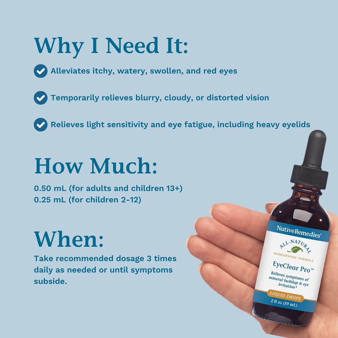 Native Remedies EyeClear Pro frasco en mano, demuestra tamaño portátil y uso diario sencillo