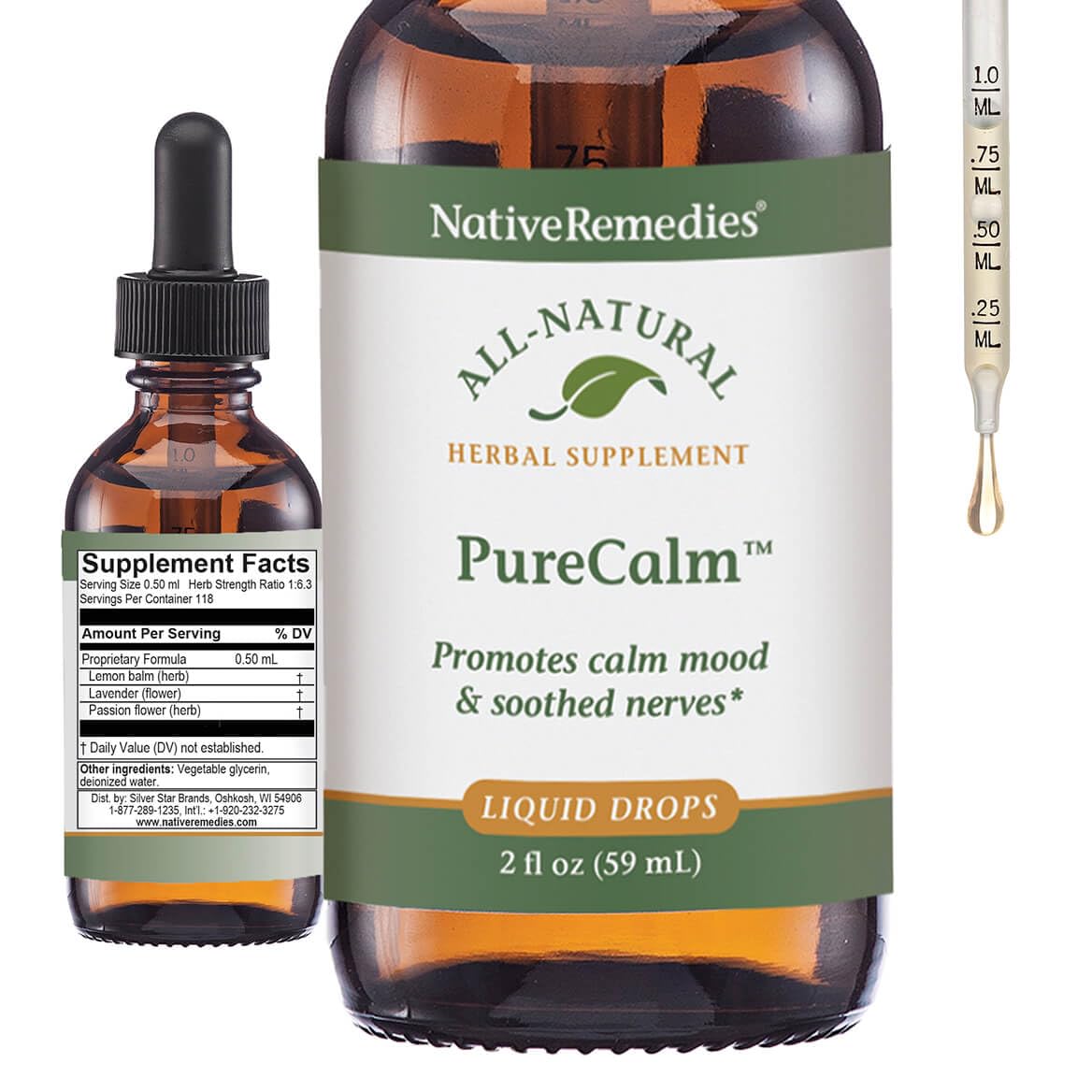 Native Remedies botella frontal mostrando PureCalm y claridad de uso