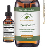 Native Remedies botella frontal mostrando PureCalm y claridad de uso