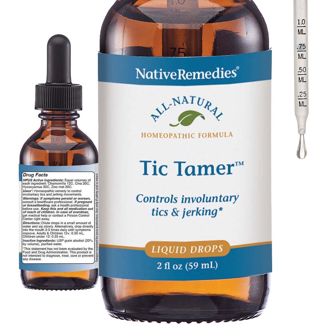 Native Remedies Tic Tamer frasco frontal mostrando etiqueta clara y beneficio de alivio temporal