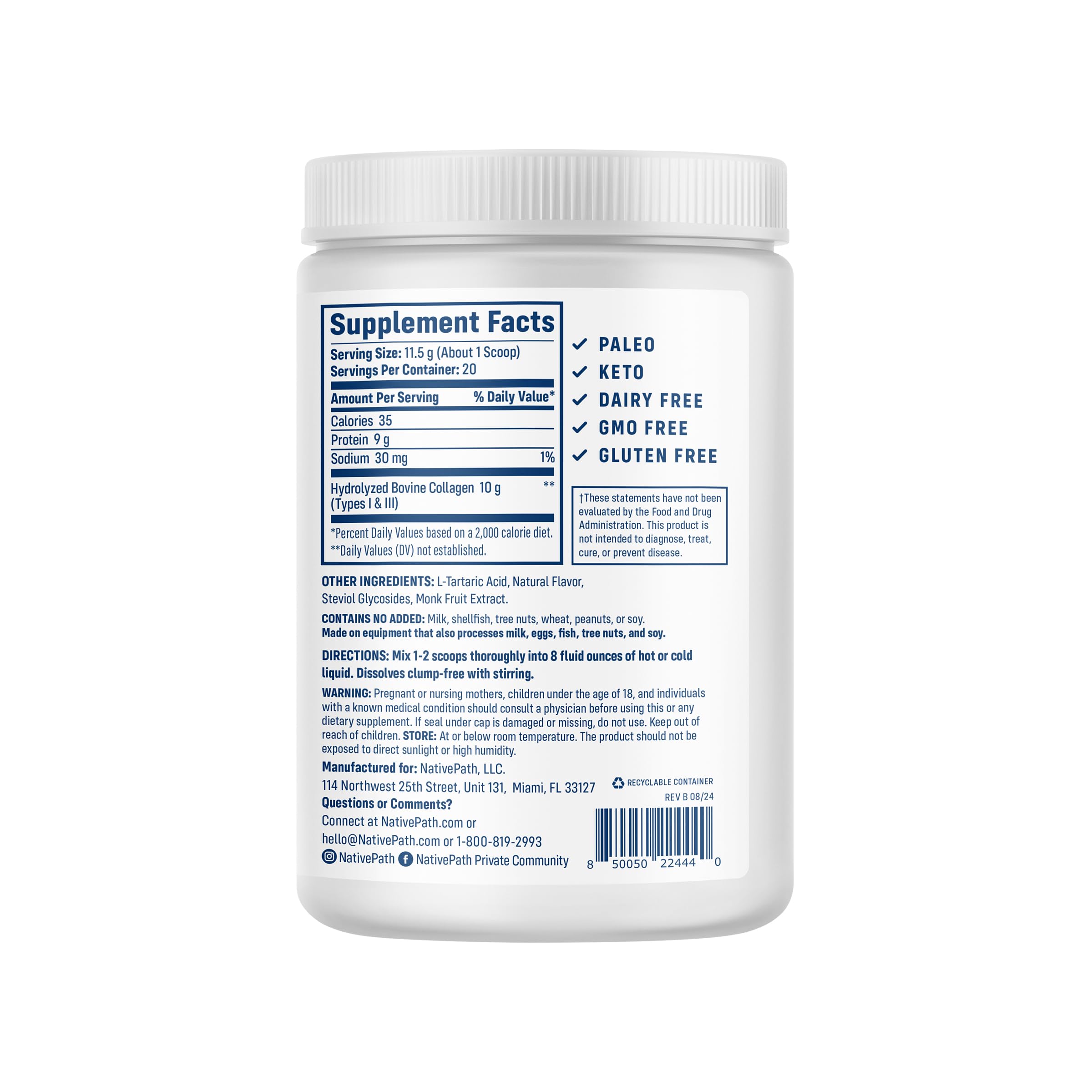 NativePath etiqueta nutricional en detalle indicando colágeno tipo 1 y 3