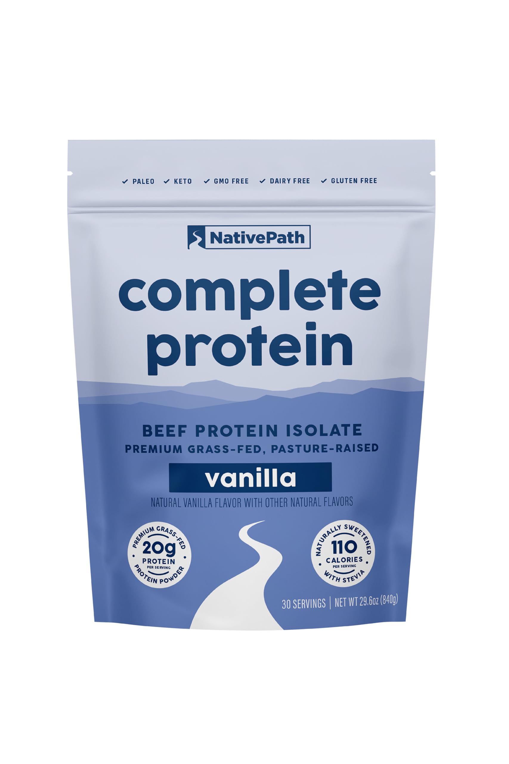 NativePath envase frontal mostrando 20g proteína por porción y sabor vainilla