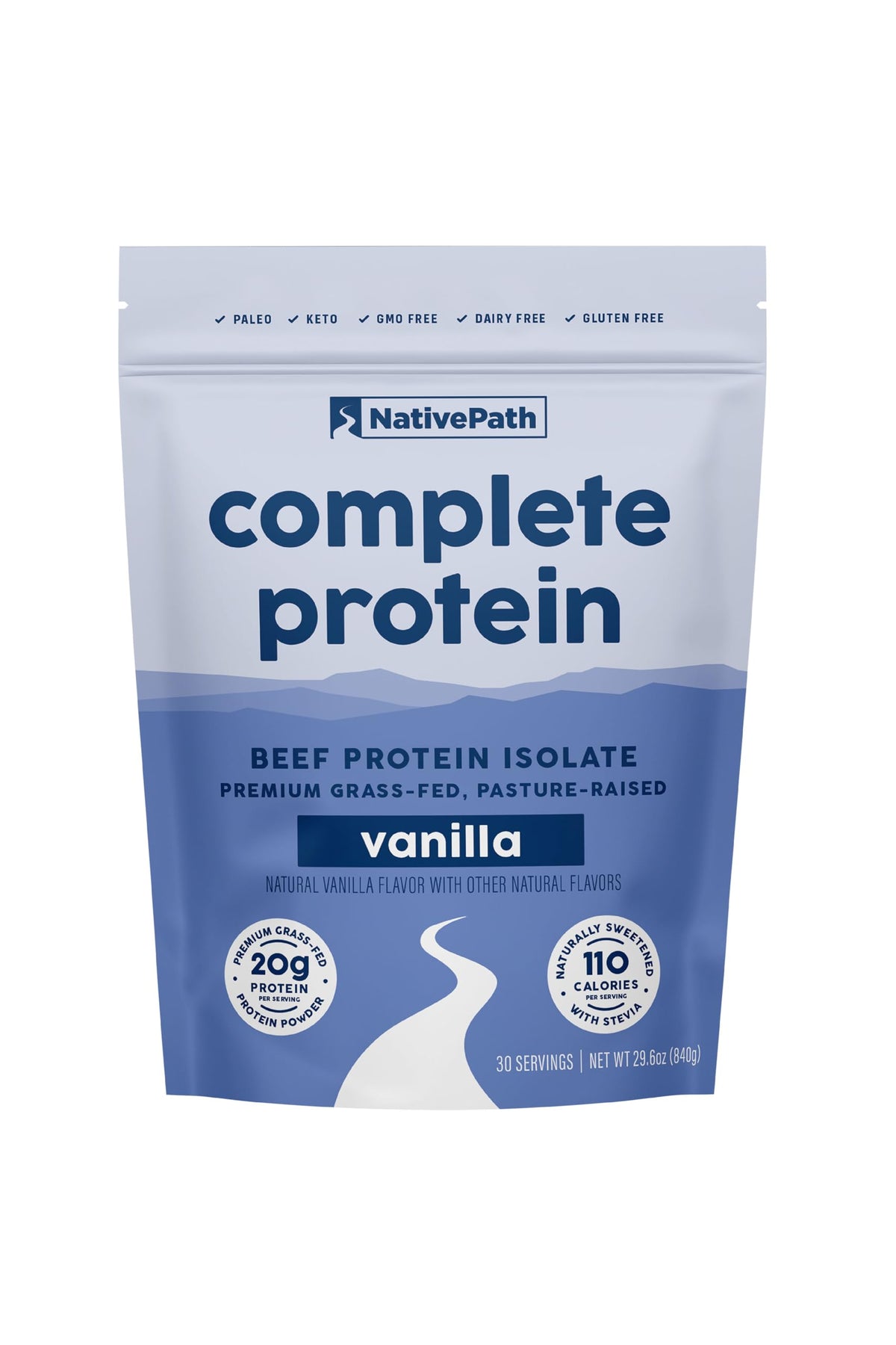 NativePath envase frontal mostrando 20g proteína por porción y sabor vainilla