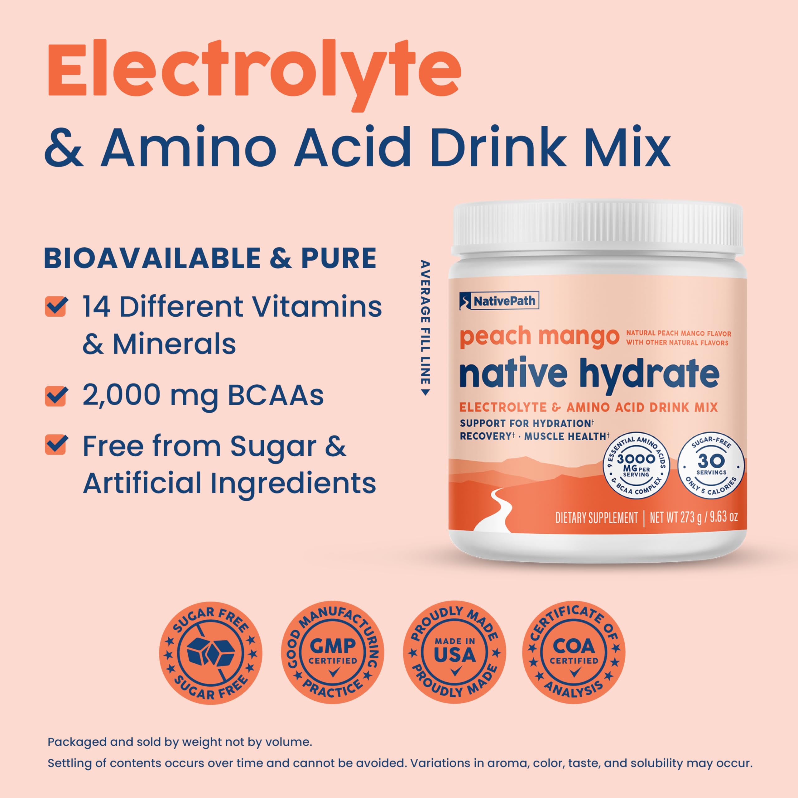 NativePath detalle de BCAA y aminoácidos en etiqueta, apoyo a músculos