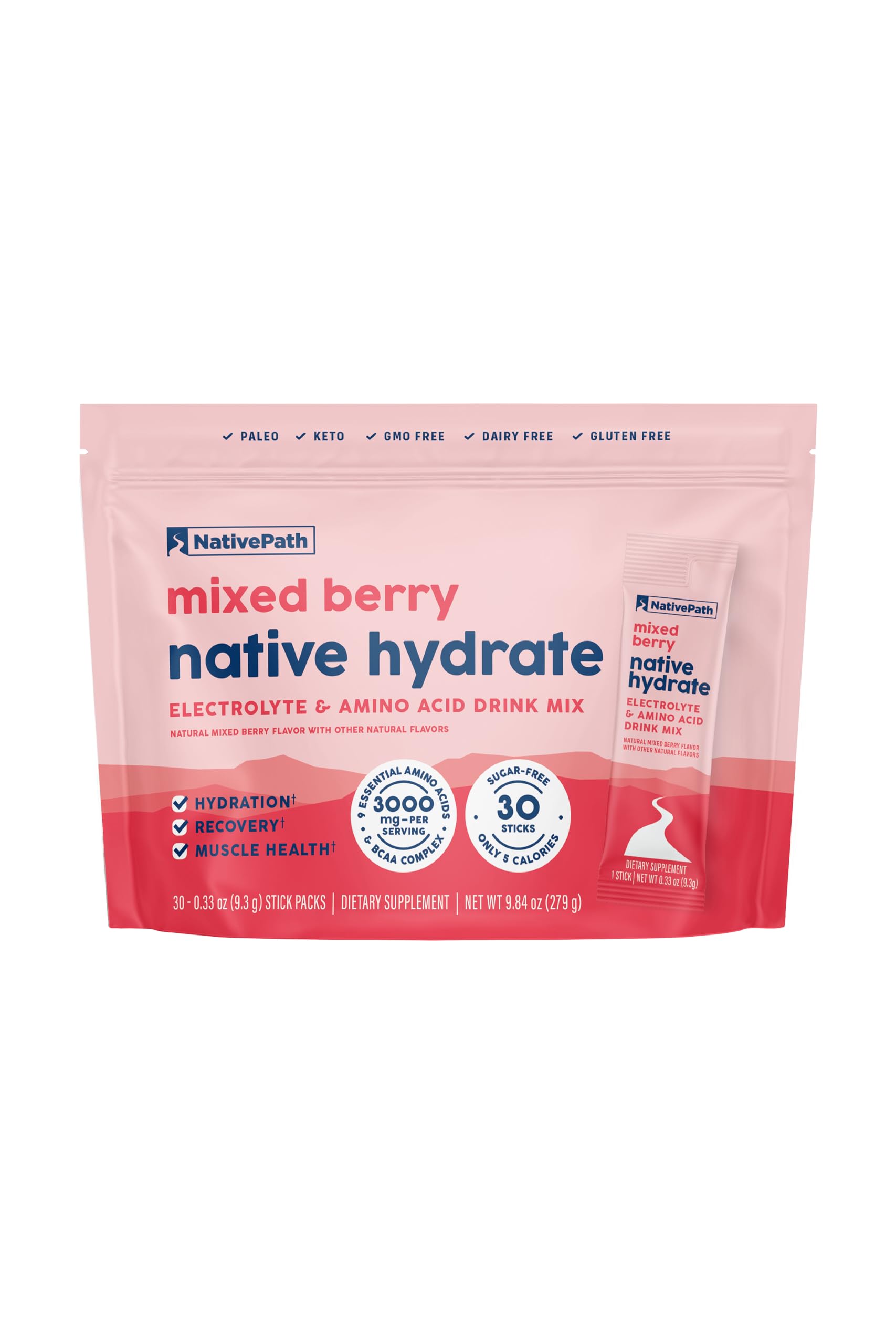 NativePath frente del paquete Mixed Berry mostrando 30 sobres listo para llevar y conveniente