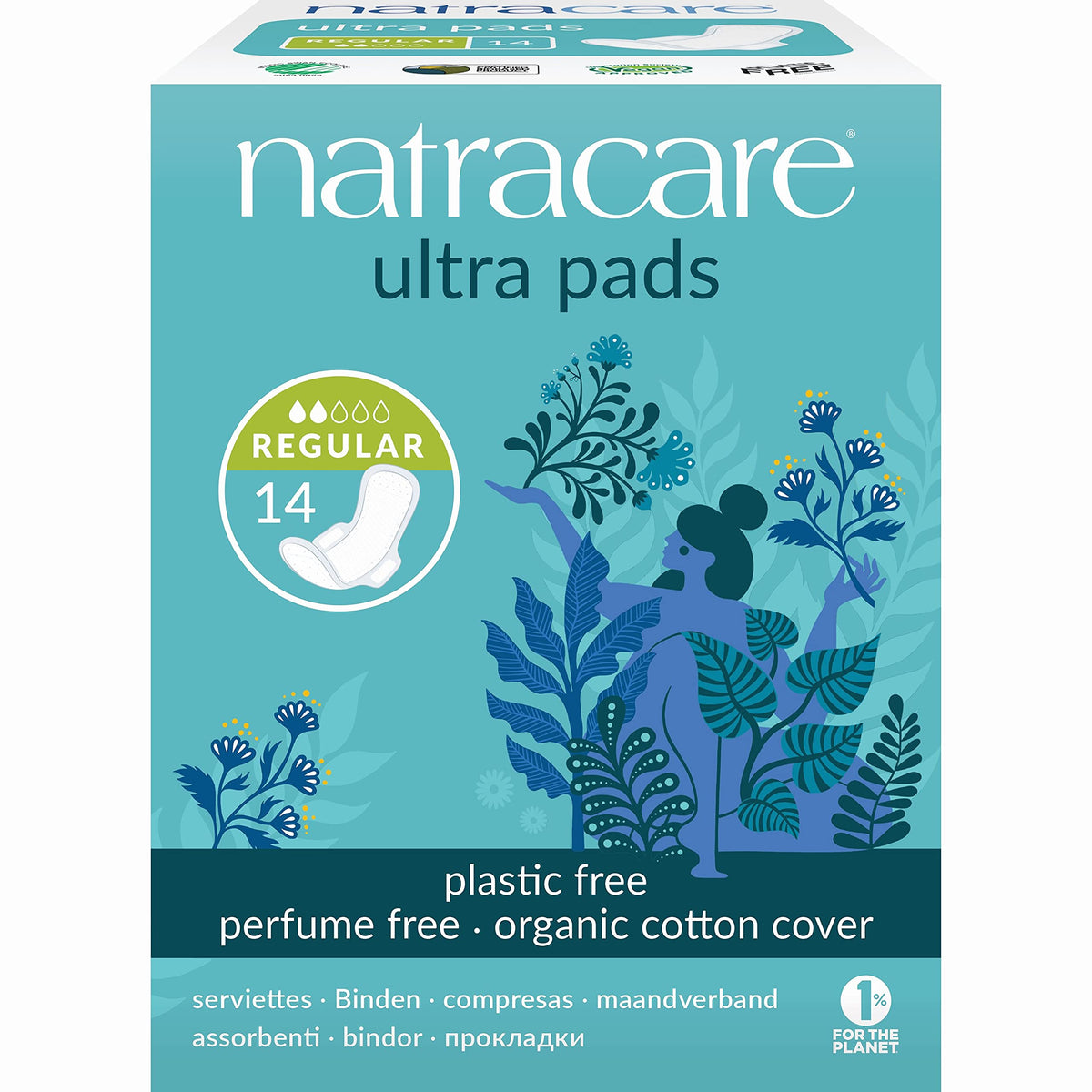 Natracare frente del paquete mostrando cantidad y diseño ecológico