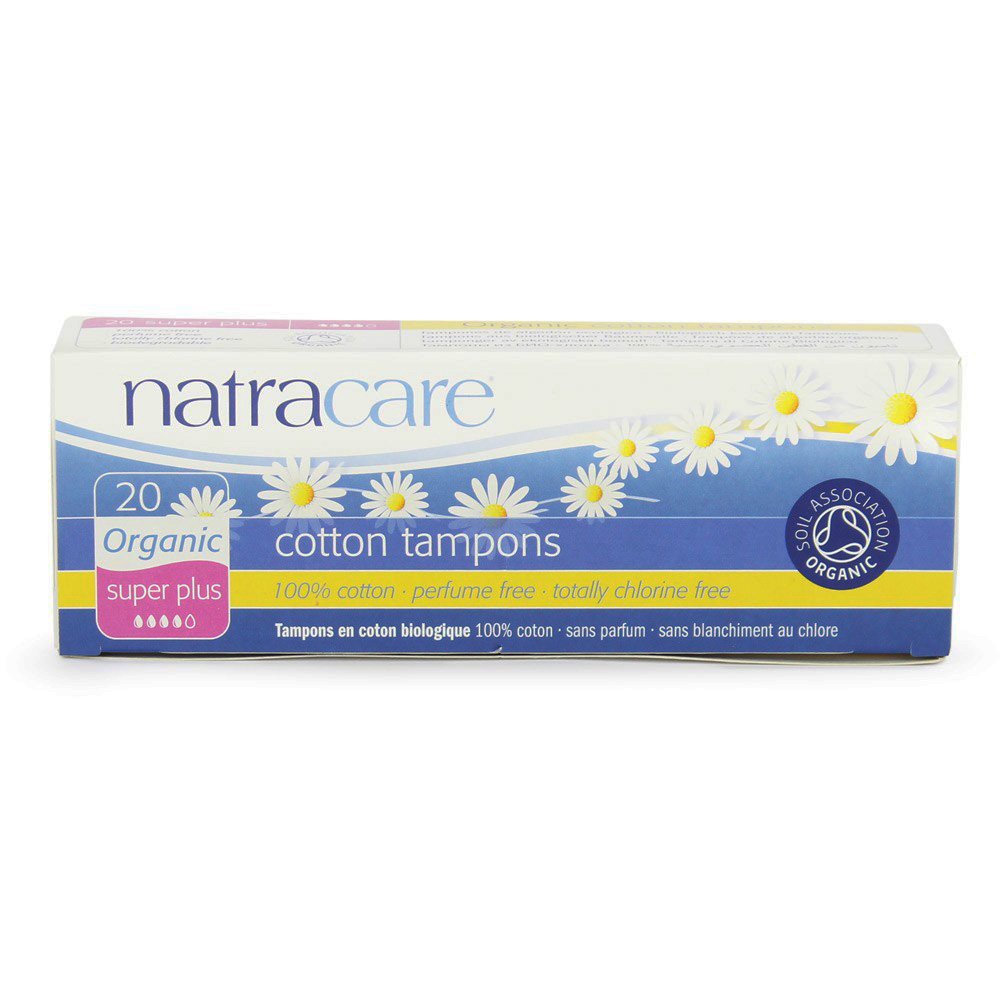 natracare paquete frontal de tampones super plus, presentación clara y beneficios