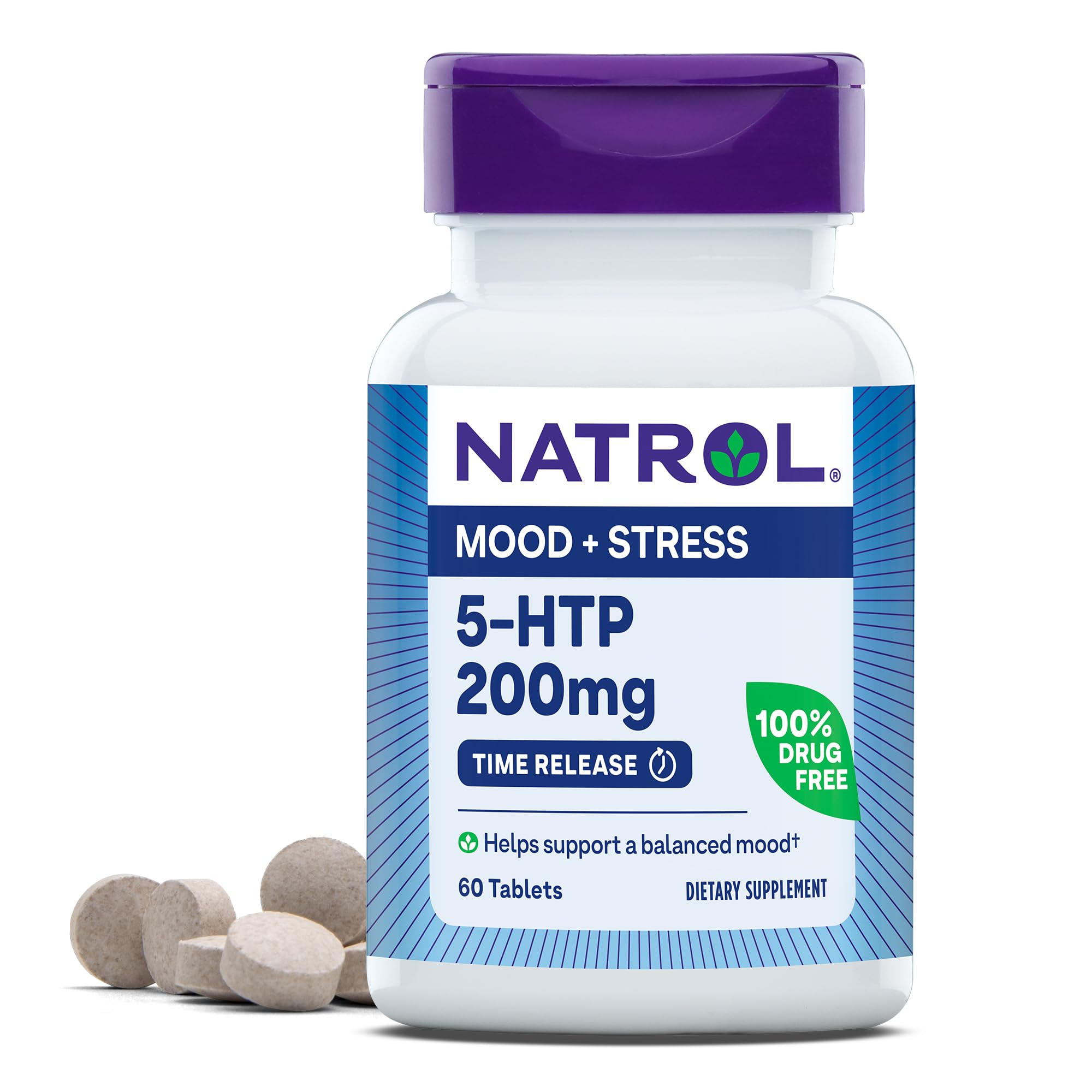 Natrol envase frontal mostrando 5‑HTP 200 mg y beneficio de apoyo al estado de ánimo