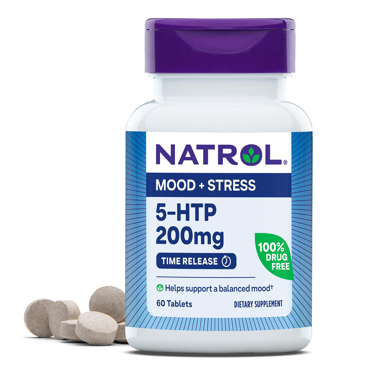 Natrol envase frontal mostrando 5‑HTP 200 mg y beneficio de apoyo al estado de ánimo