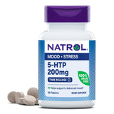 Natrol envase frontal mostrando 5‑HTP 200 mg y beneficio de apoyo al estado de ánimo
