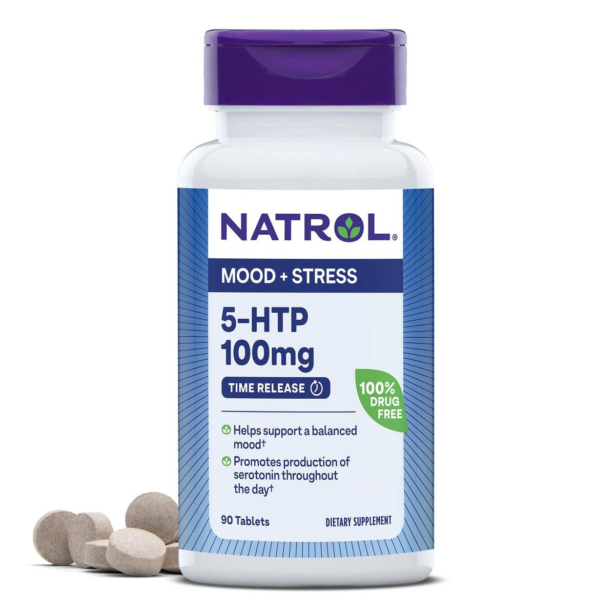 Natrol frasco frontal del producto mostrando 90 tabletas y beneficios para el estado de ánimo