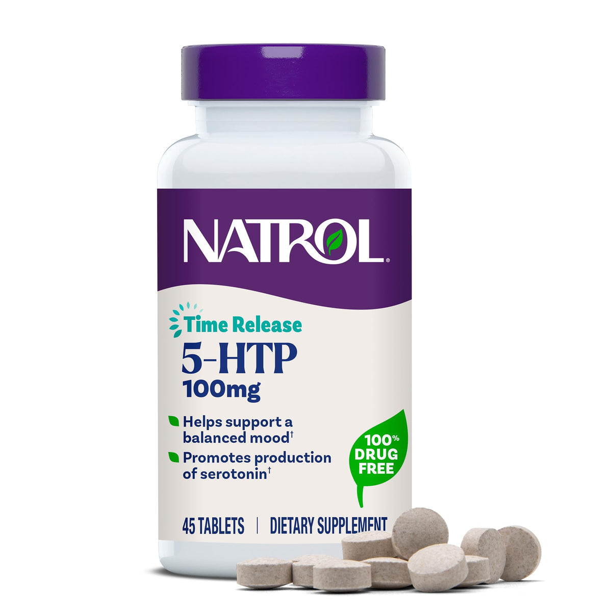Natrol 5-HTP botella frontal mostrando el envase y beneficio de liberación gradual