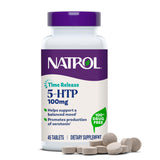 Natrol 5-HTP botella frontal mostrando el envase y beneficio de liberación gradual