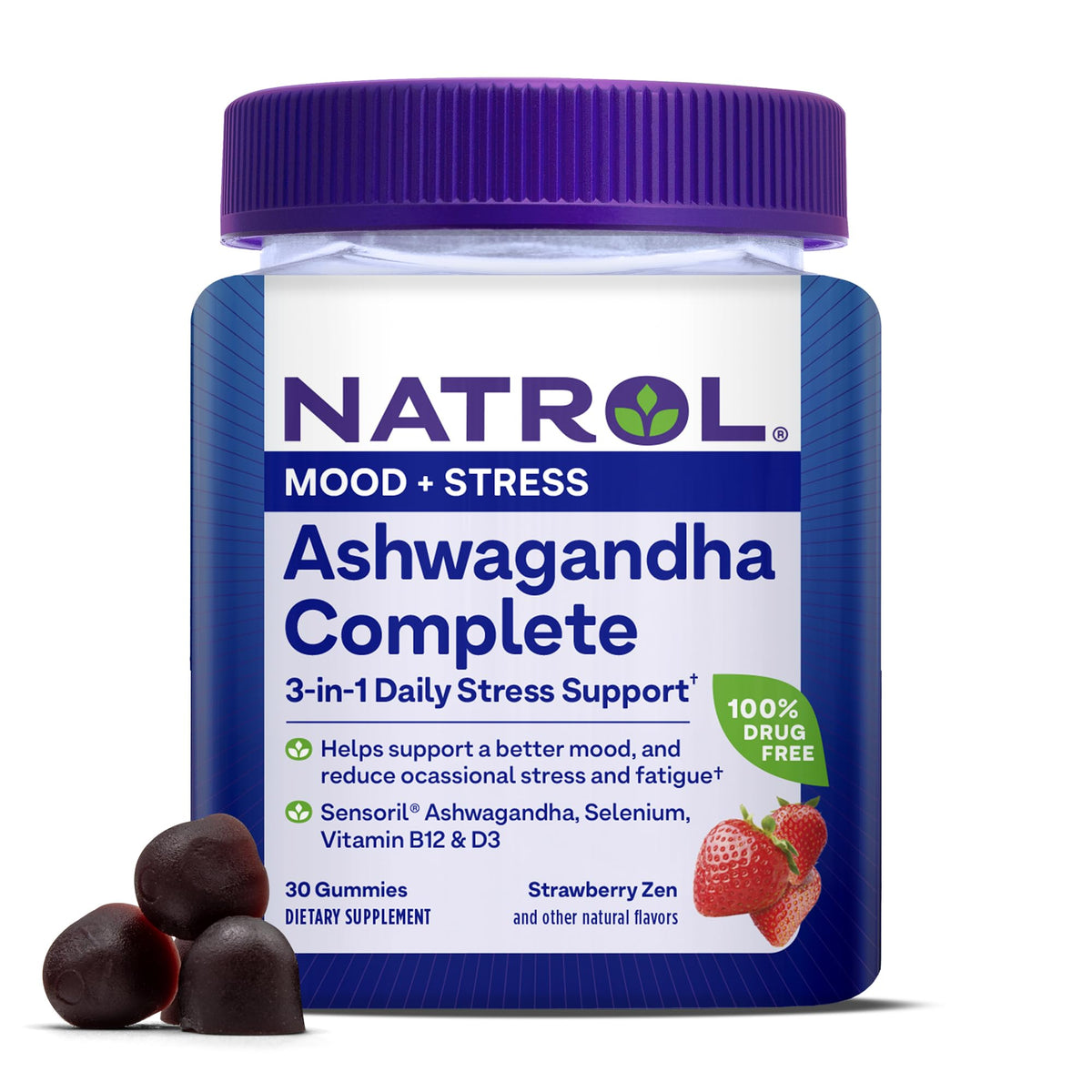 Natrol frontal del envase que muestra goma masticable y beneficios