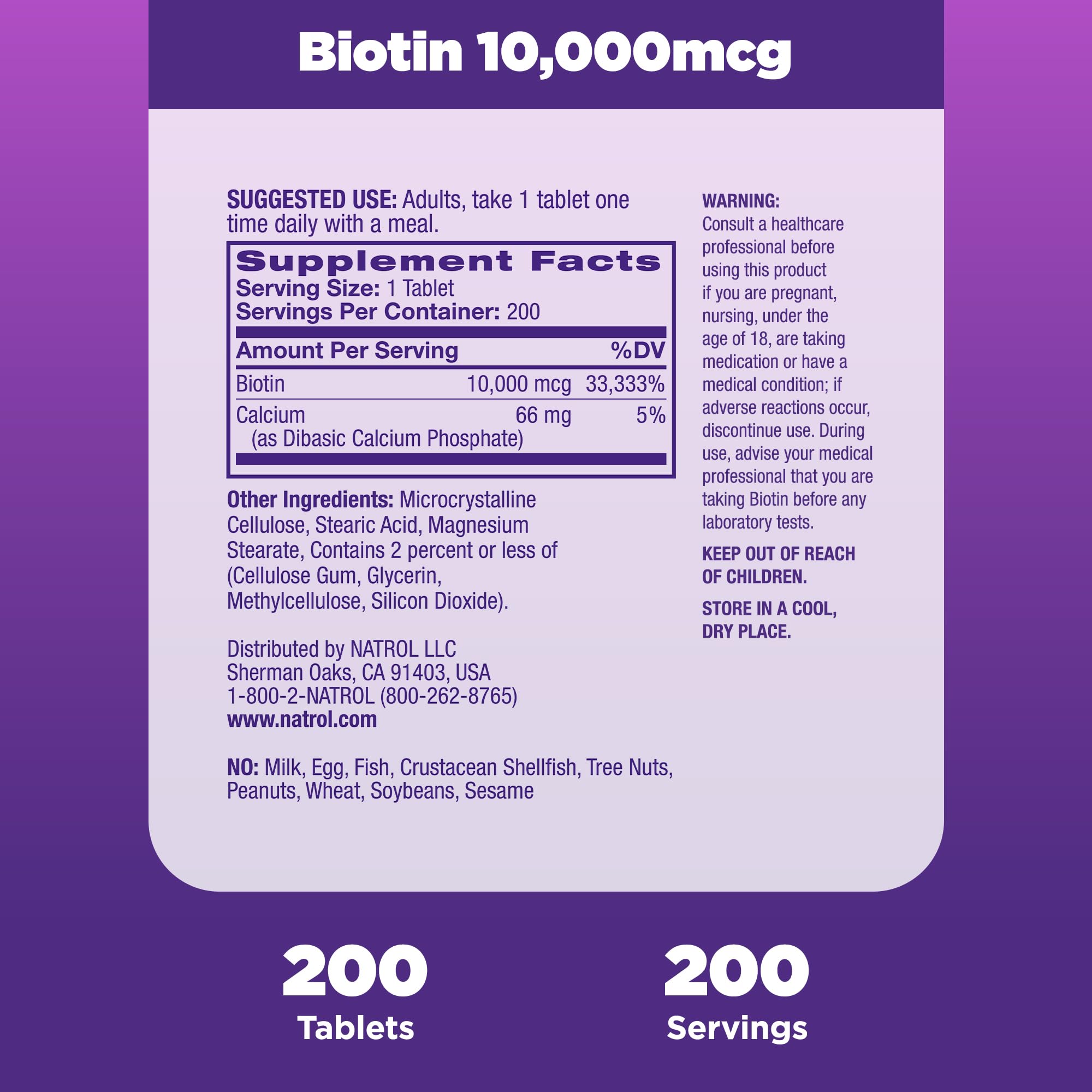 Natrol etiqueta de ingredientes que indica ausencia de alérgenos comunes