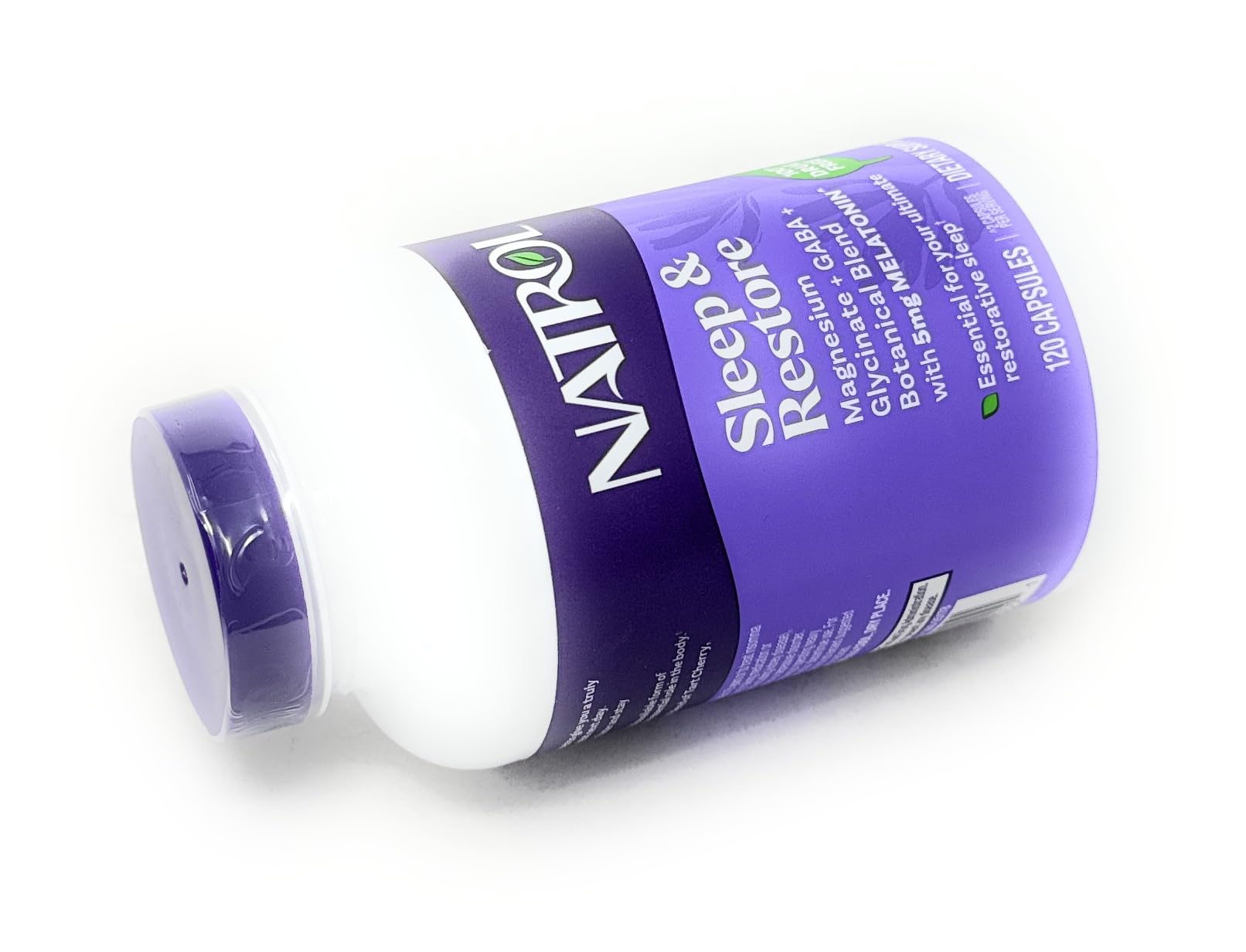 Natrol cápsulas en mano para mostrar tamaño y dosis conveniente