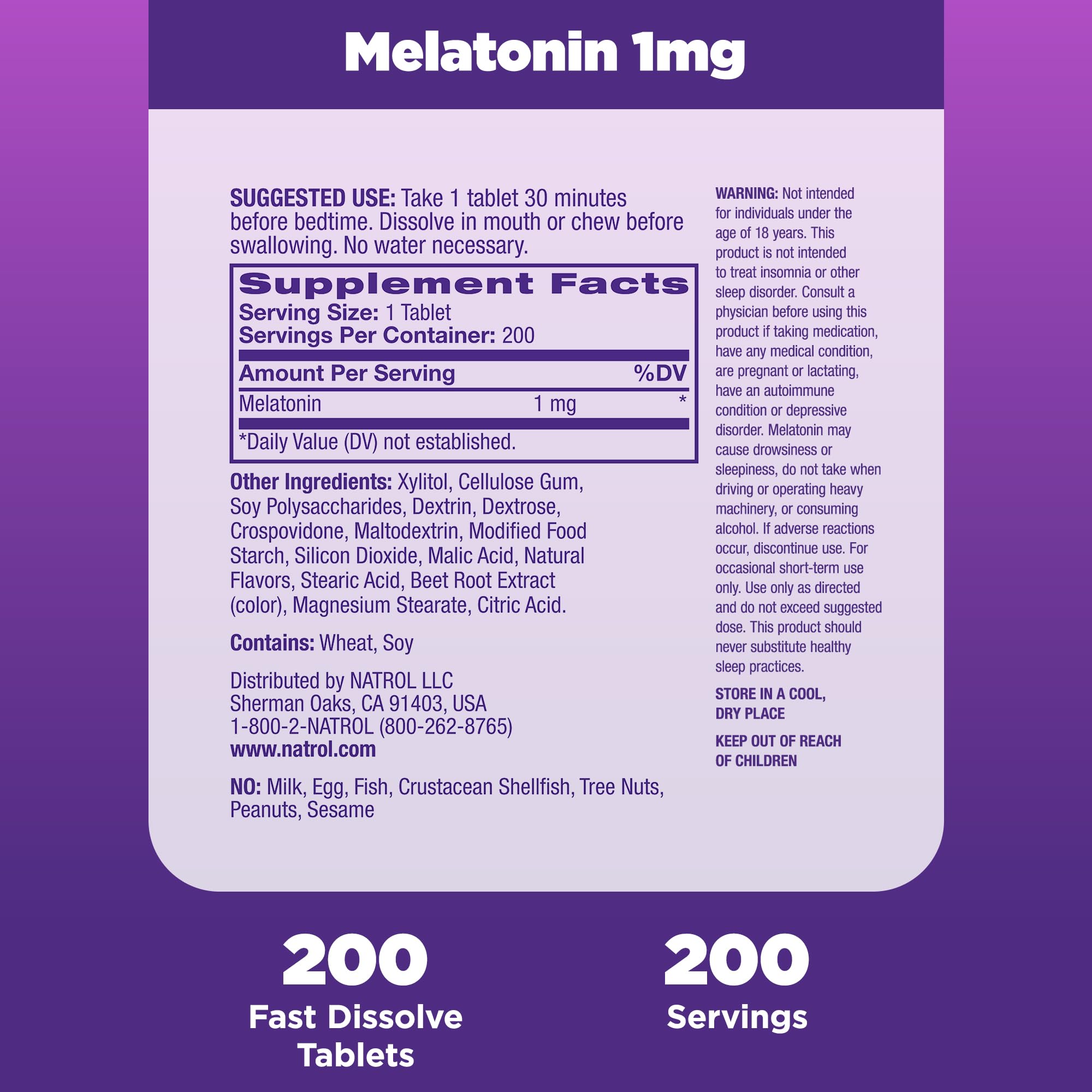 Natrol etiqueta con ingredientes resaltando melatonina 1 mg por dosis